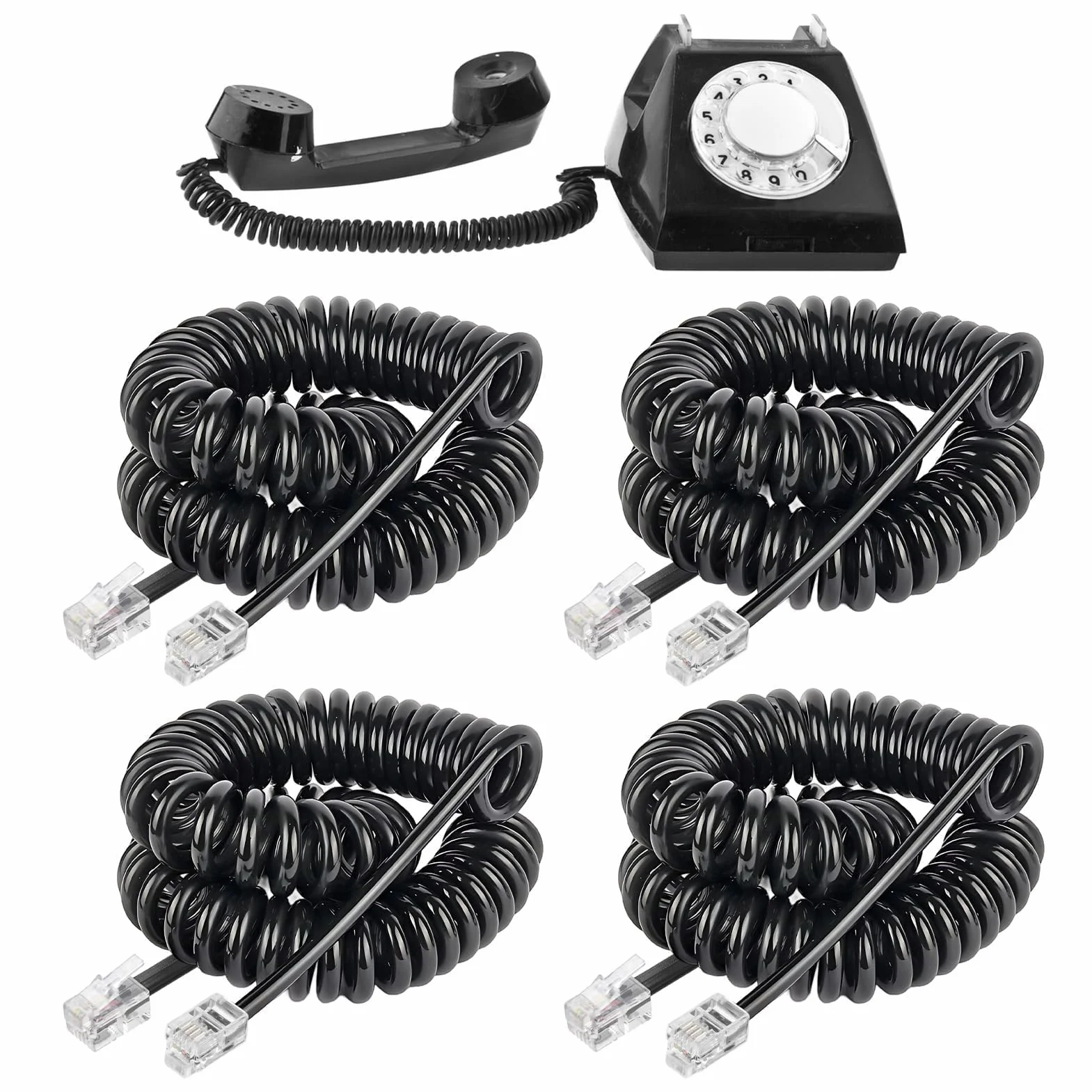 Paquete de 4 Cable Telefónico RJ9 RJ22 RJ10 2.5m en Espiral 4 Hilos 4P4C AT&T Cisco NEC ROLM