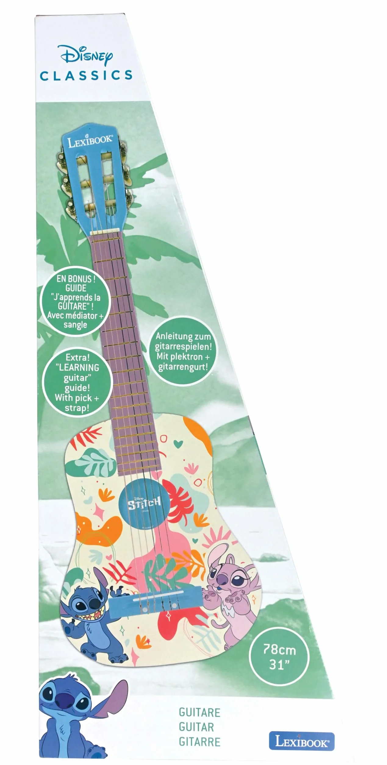 Lexibook, Disney Stitch, Mi Primera Guitarra acústica de Madera, 6 Cuerdas de Nylon, 78 cm (30"), Guía de Aprendizaje, púa y Correa Incluidas, Azul, K2000DLXB