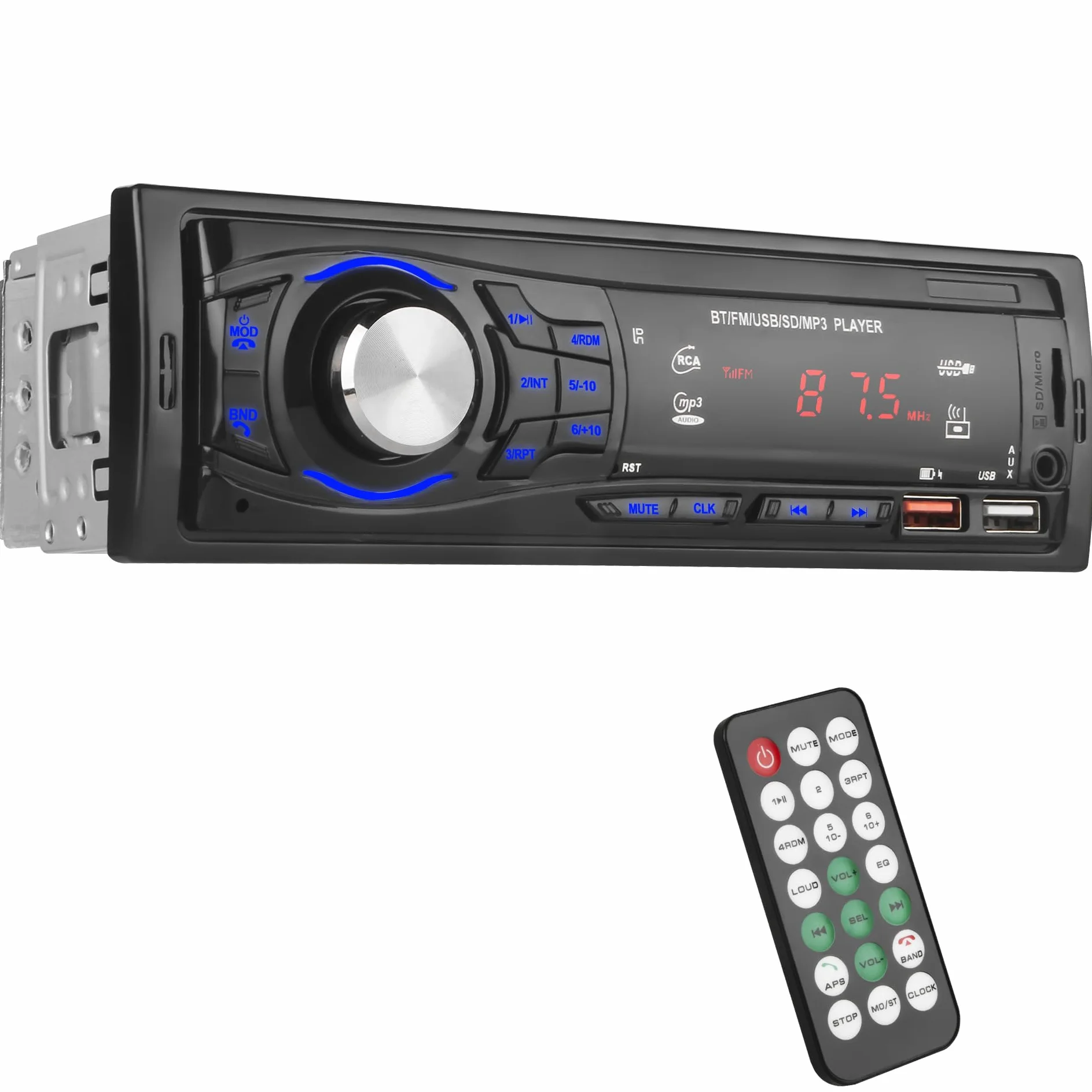 Radio Coche Bluetooth 1 DIN - Autoradio soporta Llamadas Manos Libres, 2 Puertos USB, SD, AUX-in, Radio FM - Reproductor de MP3 con Control Remoto