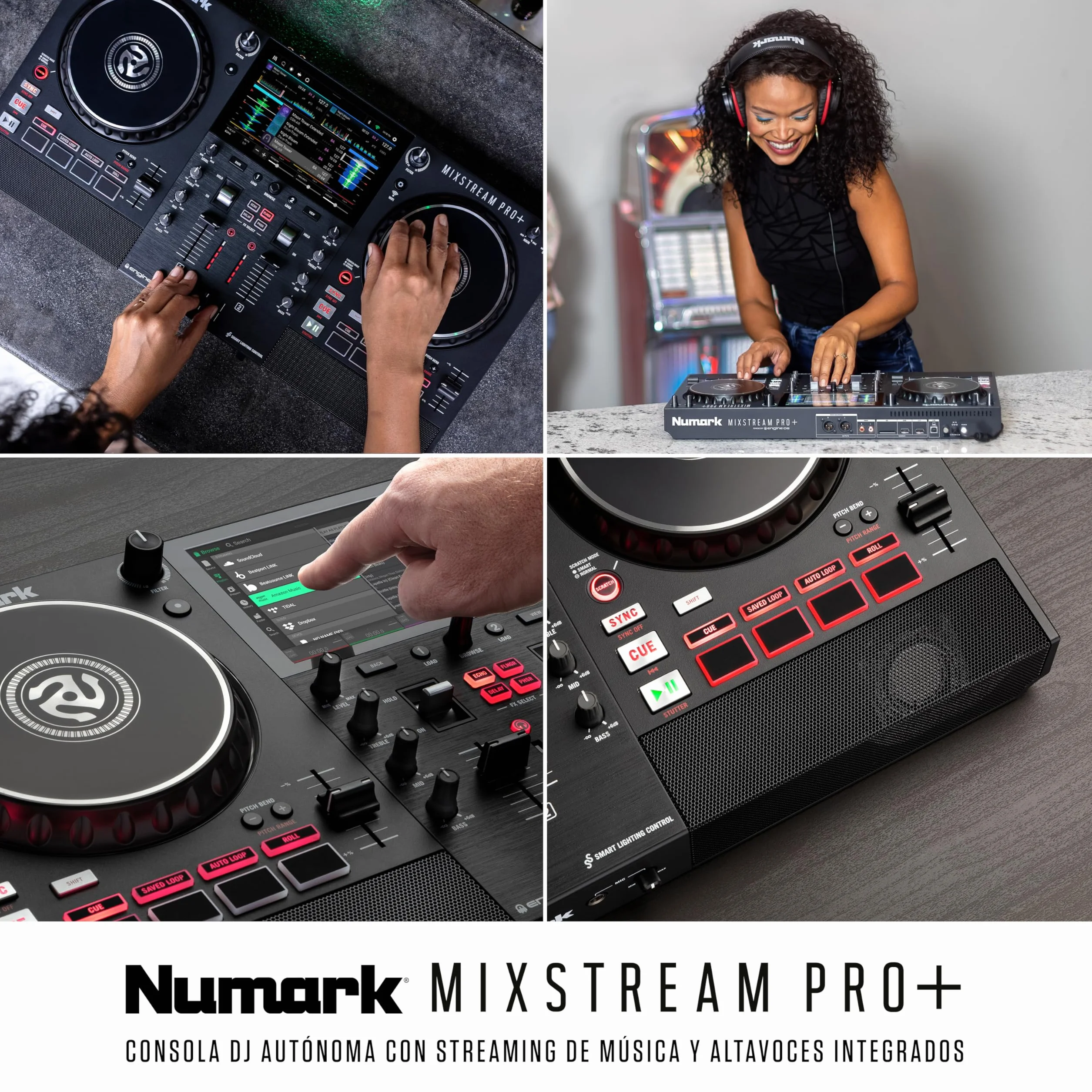 Numark Mixstream Pro+ Controlador DJ, separación de stems, 2 decks, streaming por wifi, mezclador, pantalla táctil 7" y altavoces; Serato y Virtual DJ