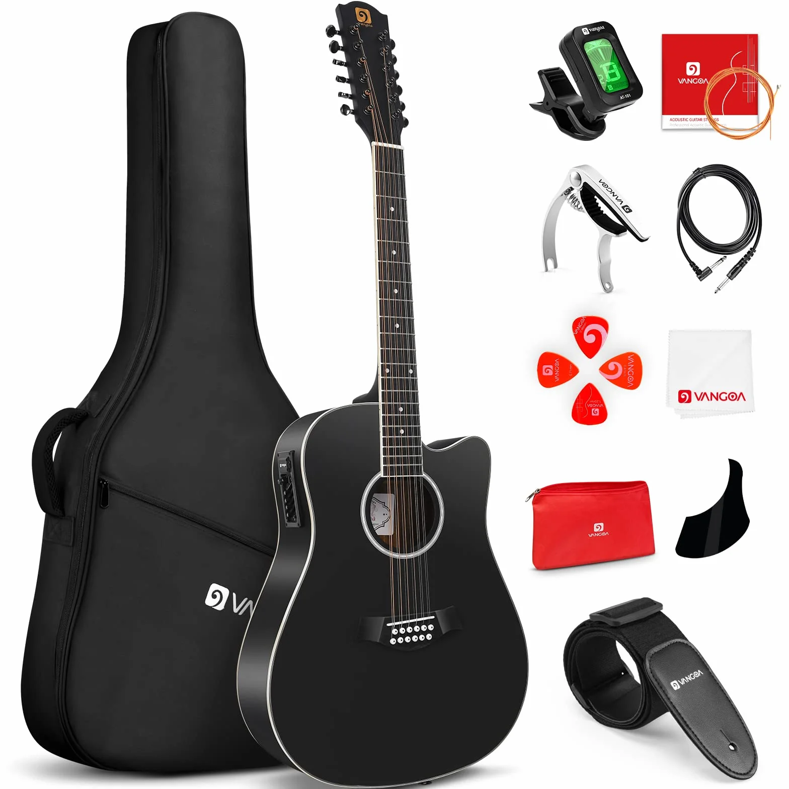 Vangoa Electroacústicas Guitarra de 12 Cuerdas 41 pulgadas con Ecualizador de 4 bandas Dreadnought Doce-cuerdas Guitarra, Negro