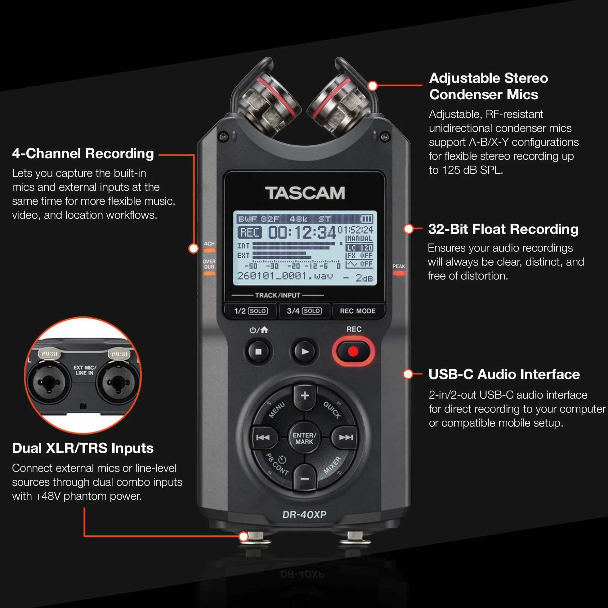 TASCAM DR-40XP - Grabadora portátil de campo de mano flotante de 4 canales de 32 bits e interfaz de audio USB-C, con 2 entradas XLR/TRS y micrófonos ajustables para música, audio para video y