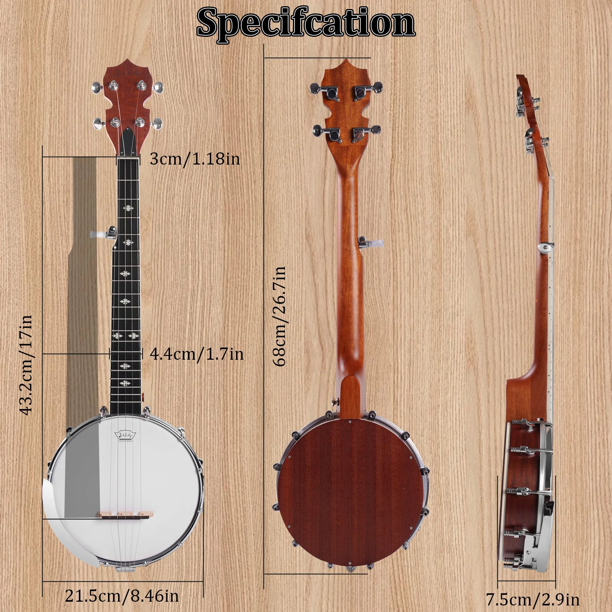 Mulucky Banjo Mini de 5 cuerdas, 66 cm, cuerpo de sapele cerrado, parte trasera sólida, kit para principiantes con bolsa de concierto, correa de cuerdas - B807