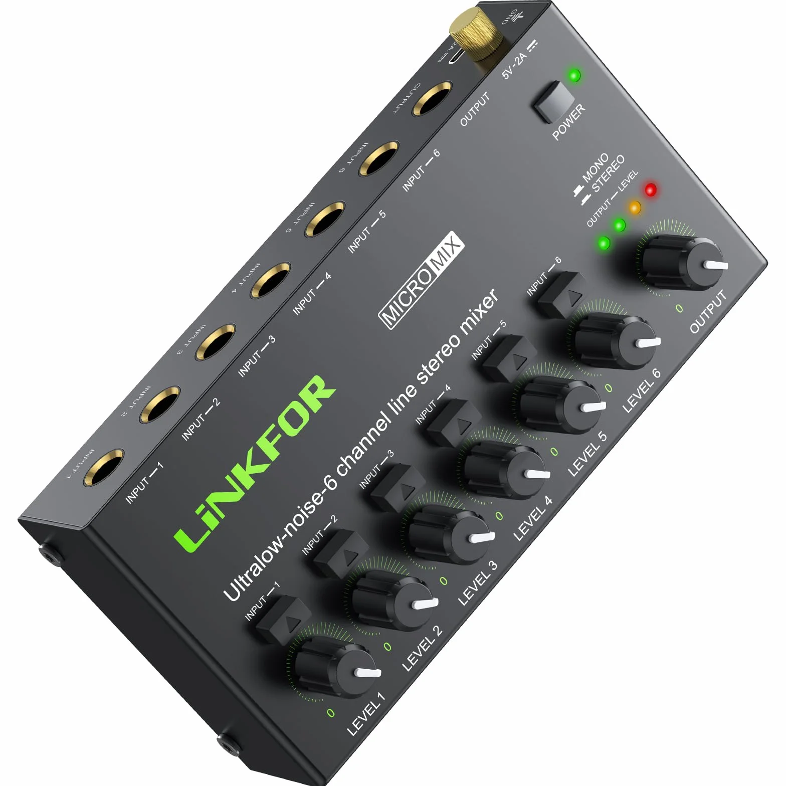 LiNKFOR Mini Mezclador de Audio Estéreo de 6 Canales Compacto Mezclador de Audio Control de Volumen Independiente Mini Mixer de Audio DC 5V USB-C con 6.35mm Cable de Audio para Micrófonos, Altavoces