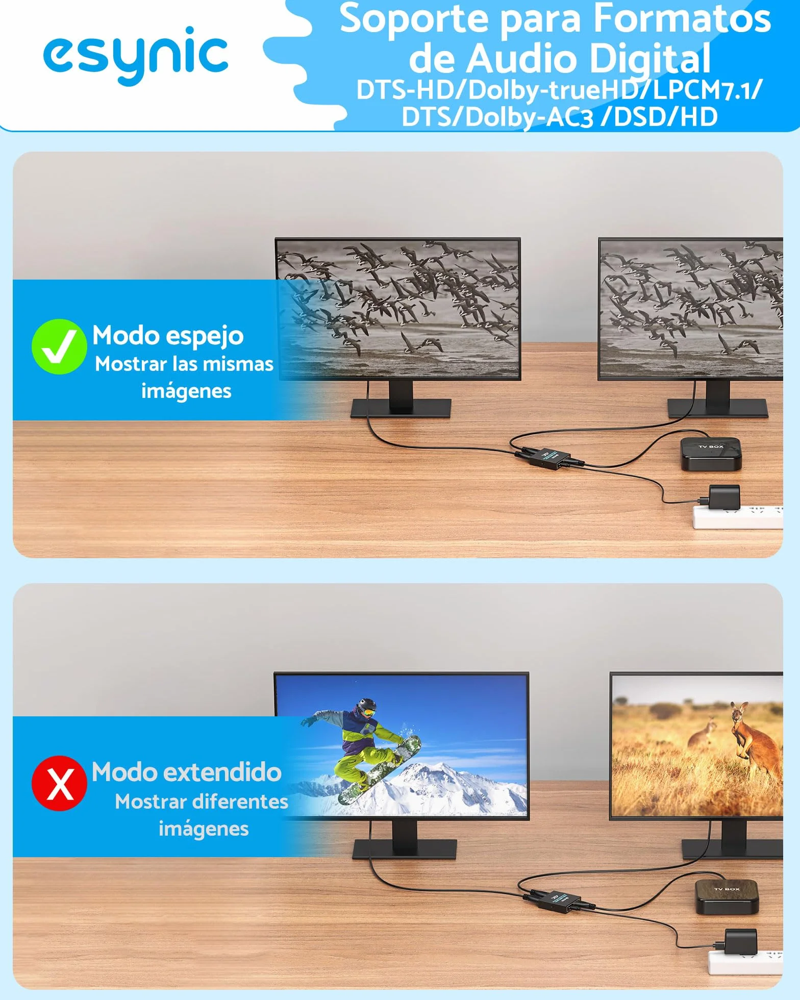 eSynic HDMI Splitter 4K/30HZ HDMI Amplificador 1 Entrada y 2 Salidas con Cable HDMI de 1 m y Cable USB-C HDCP 1.4 Soporta 4K& Full HD para HDTV PS4 Reproductor de BLU-Ray Laptop etc