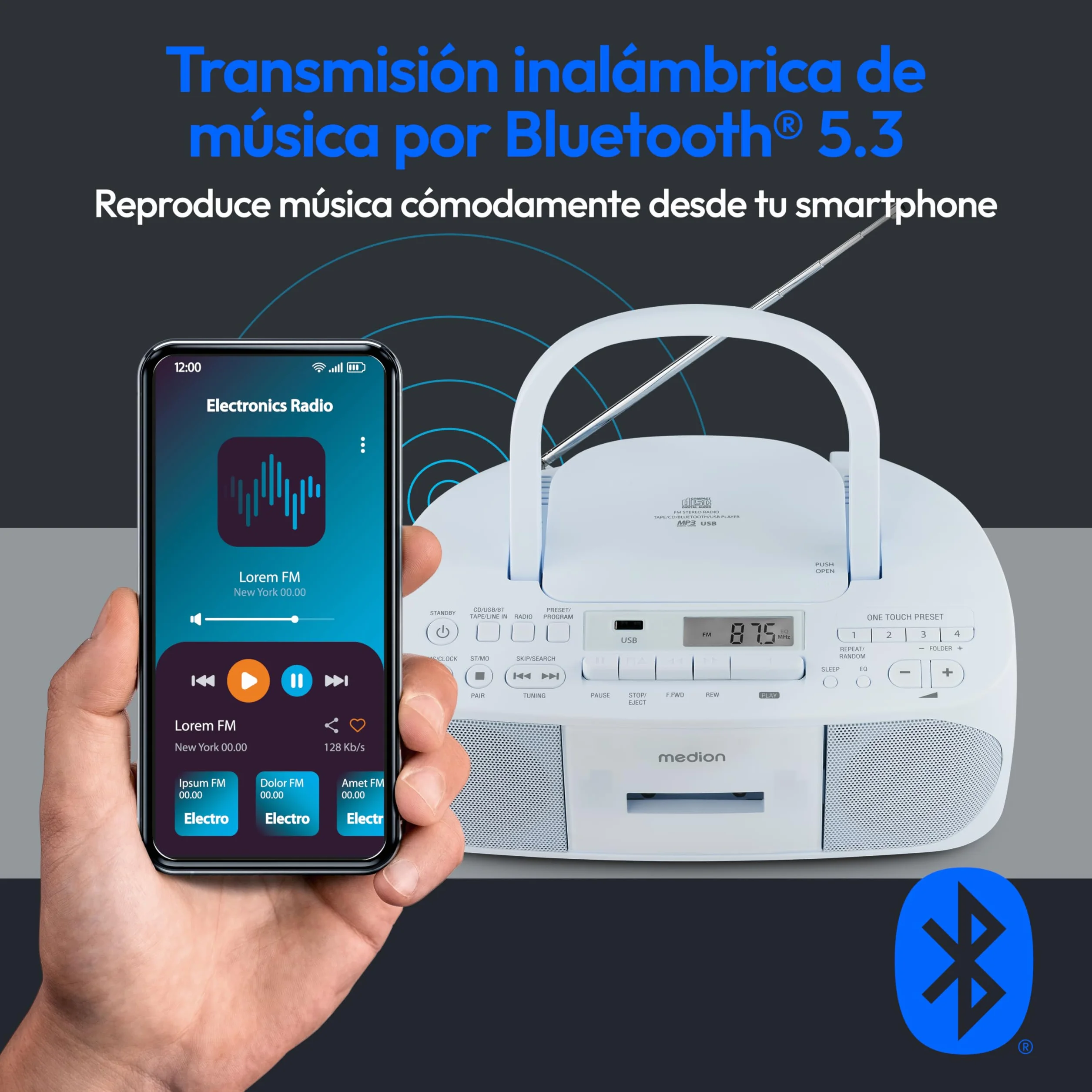 MEDION E65010 Radio estéreo (Reproductor de CD, Casete, conexión USB, Entrada de Audio AUX, reproducción MP3. Radio FM PLL, Memoria para 40 emisoras, Funcionamiento con Pilas, Mando a Distancia) Azul