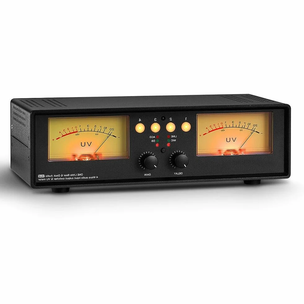 Analógico para medidor dual VU con micrófono de entrada y divisor de audio estéreo, caja de conmutación para oficina en casa, estudio, retroiluminación amarilla/azul