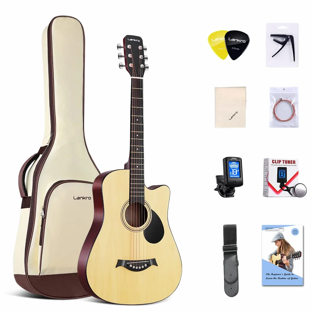 Guitarra acústica de 38 pulgadas para principiantes, guitarra occidental, natural, tilo, cutaway, juego de guitarra, con bolsa de concierto, cuerda de aprendizaje, selección, paño de limpieza
