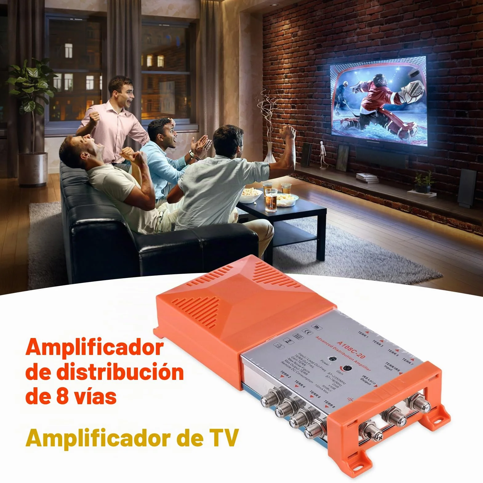 Weytoll Amplificador de Distribución de 8 Vías para Señales de TV y Radio Terrestres – Sistema MATV/Sat Interior con Bucle IRS, Ganancia de 20 dB, Bajo Ruido, Filtro 4G, Montaje en Pared