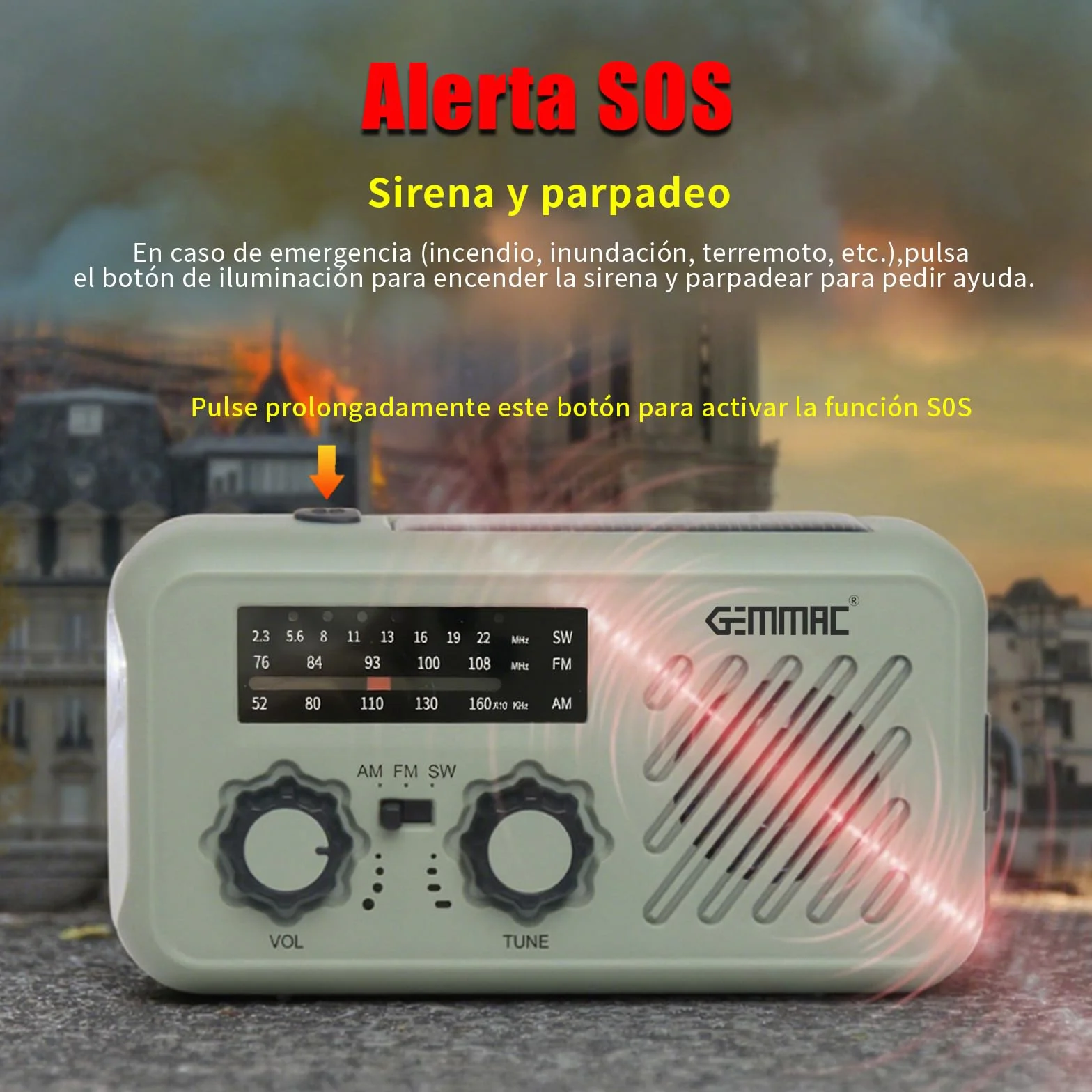 Emergency Radio Portátil Solar Recargable FM/AM Dinamo Manivela Linterna LED 2000mAh Powerbank SOS USB