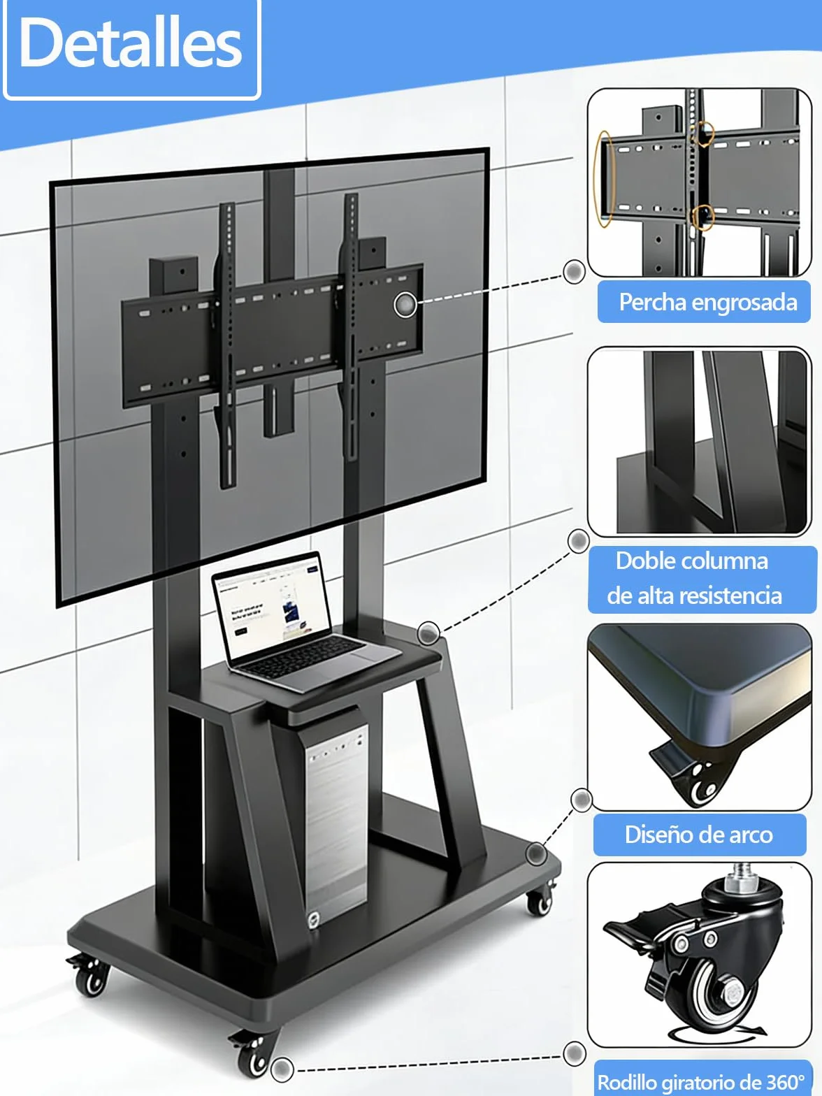 Hellsehen - Soporte para TV móvil, carrito de TV con ruedas regulable en altura, soporte de suelo resistente para pantallas planas LCD LED OLED de 32 a 190,5 cm, pizarra inteligente móvil, capacidad