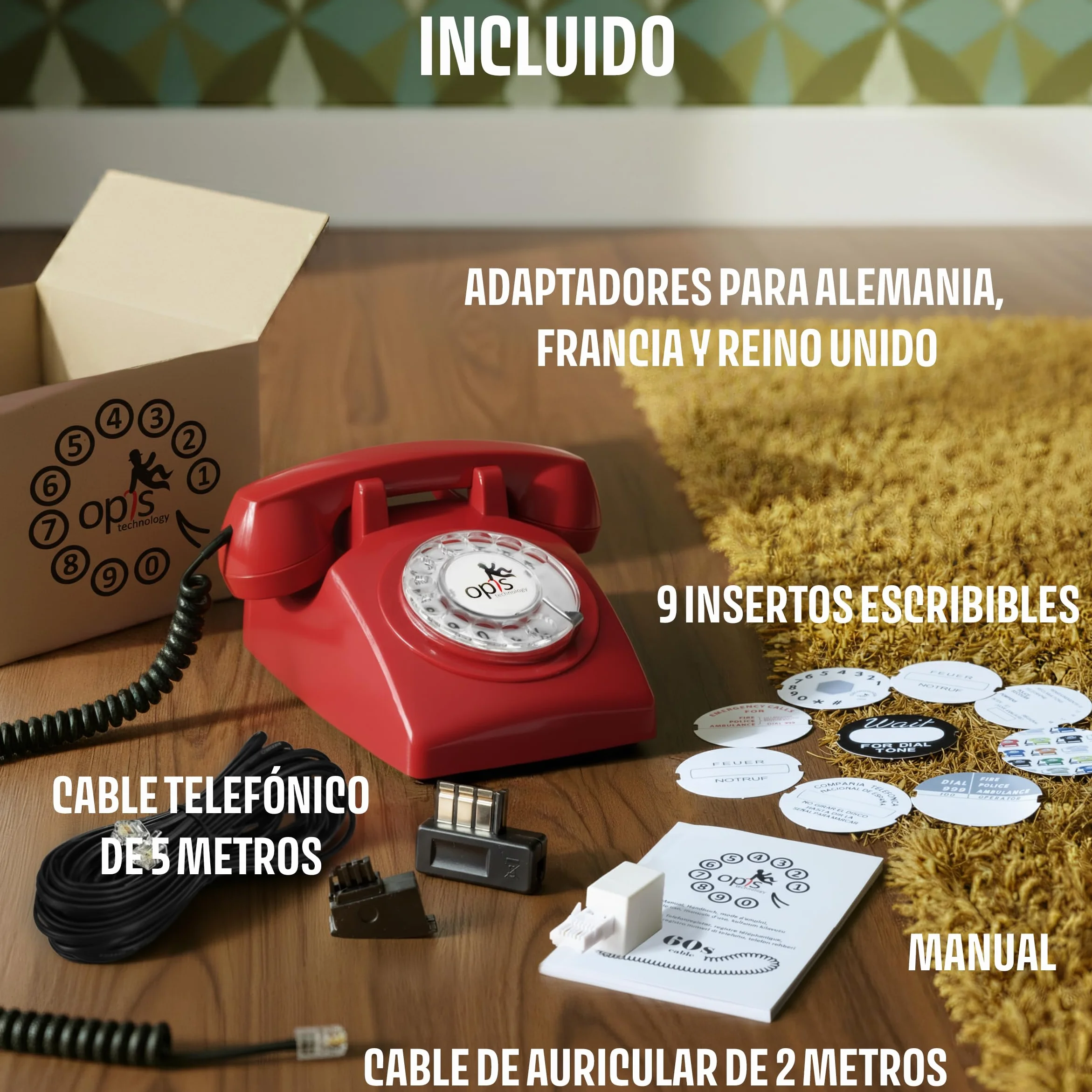 Opis Technology 60s Cable Teléfono Fijo Retro Vintage – Teléfono Antiguo de Disco con Campana Metálica, Cero Radiación y Estilo Clásico de los Años 60, Rojo