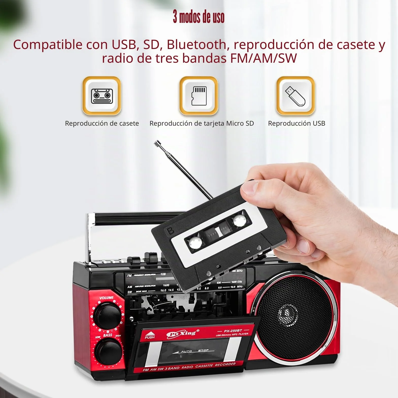 Reproductor de cassette portátil FM/AM/SW Bluetooth Tarjeta Grabación