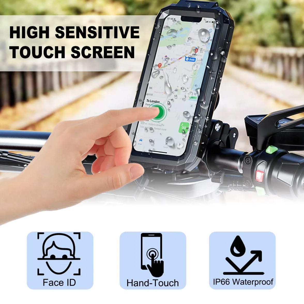 Soporte Movil Moto Impermeable 360°Rotación Universal Soporte Movil Bicicleta Desmontable con Pantalla Táctil, Anti Vibración Soporte para Telefono Movil de Motocicleta para 5.5"-6.8" Movil (L)