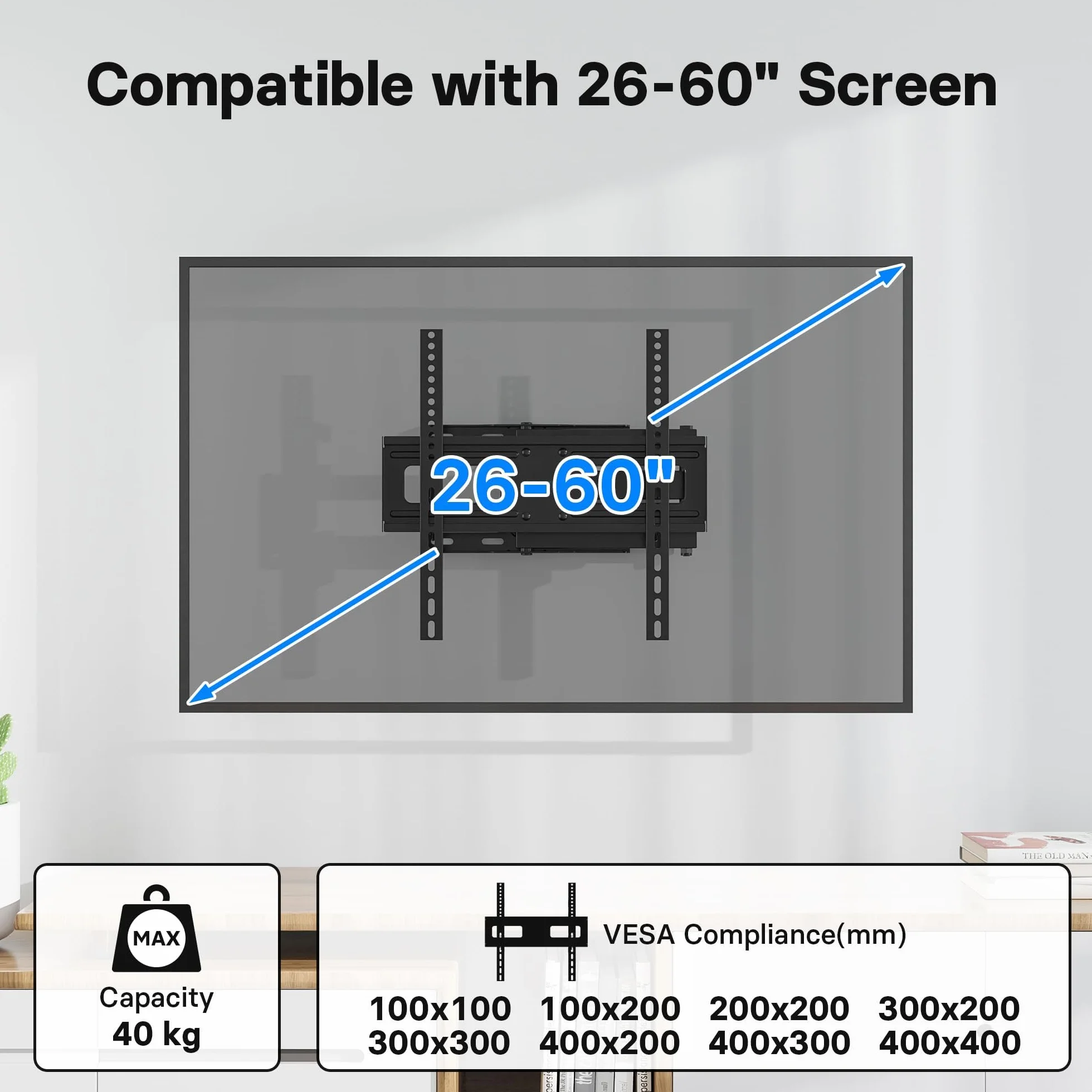 BONTEC Soporte TV Pared 26-60 Pulgadas Giro Inclinación Extensión 80-500 mm 40 kg VESA 400x400