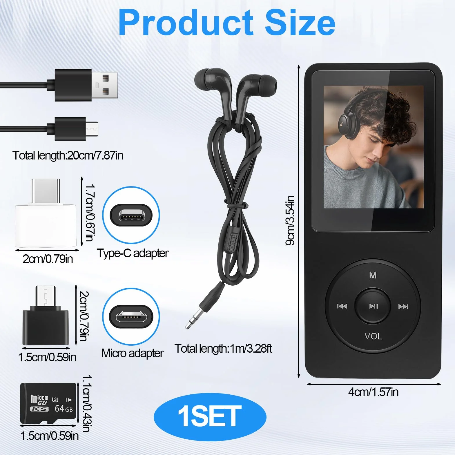 Reproductor MP3 Bluetooth 5.3, 64GB Reproductor de Música con Radio FM Grabadora de Voz, E-Book, HiFi sin Pérdida MP3 WMA Ape FLAC WAV Tarjeta TF hasta 128GB Auriculares con Cable y Adaptador OTG