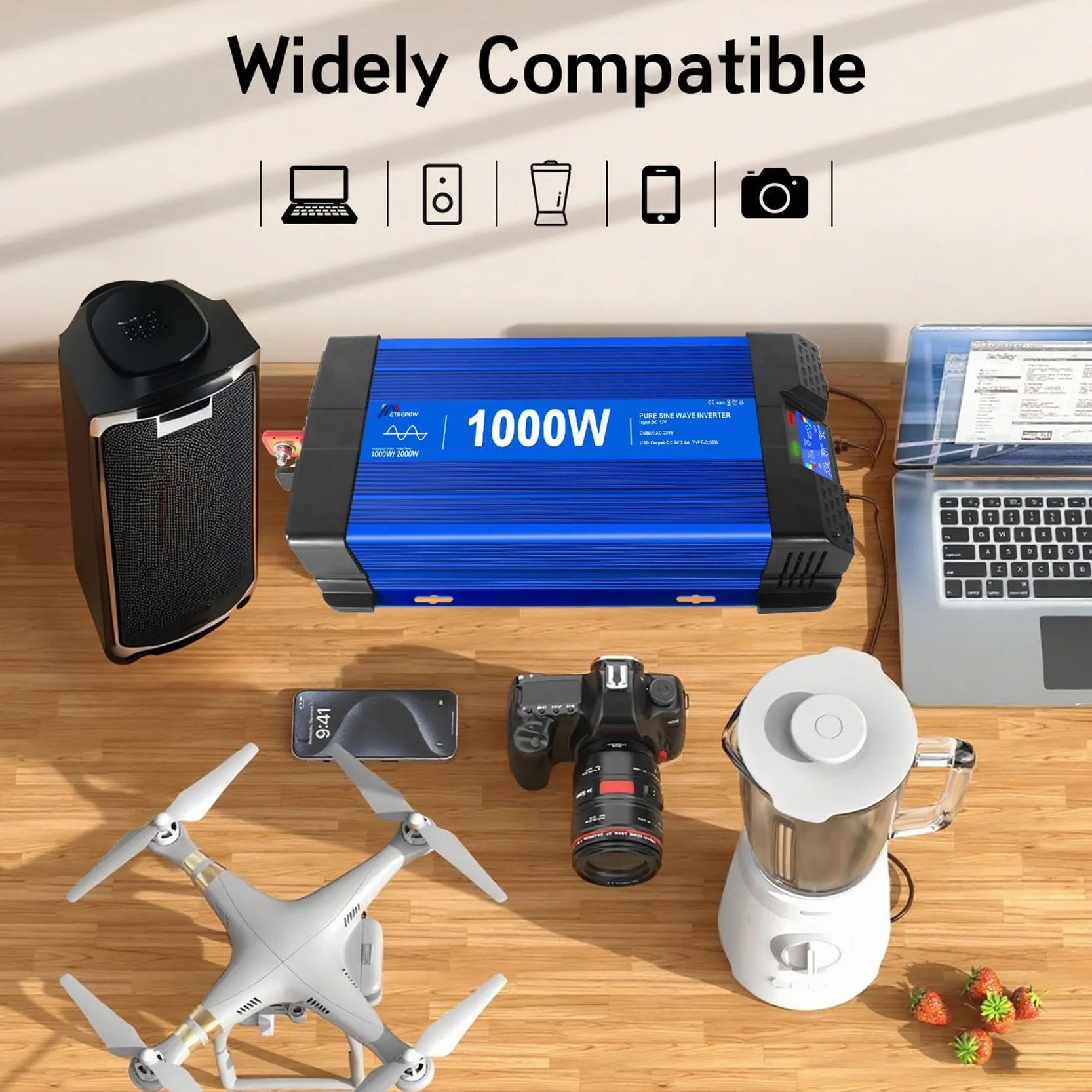 1000W/2000W Inversor 12v 220v Onda Pura con Mando a Distancia, 2 Tomas UE, 2 Puertos USB + Tipo-C, para electrodomésticos, caravanas, Camping Conversor de Voltaje.