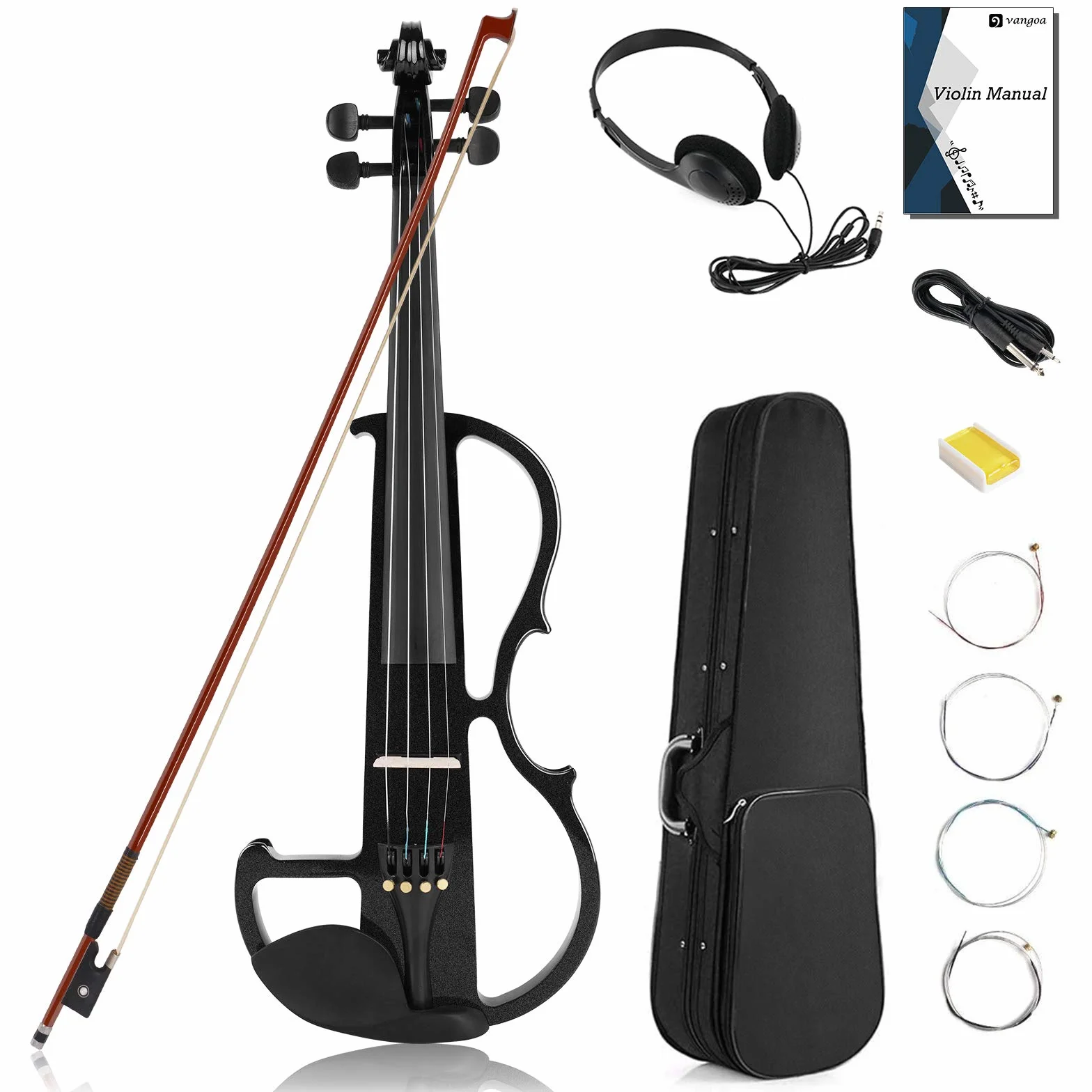 Vangoa Violín eléctrico de tamaño completo 4/4, violín eléctrico silencioso negro de madera maciza con accesorios de ébano, kit para principiantes para adultos y adolescentes