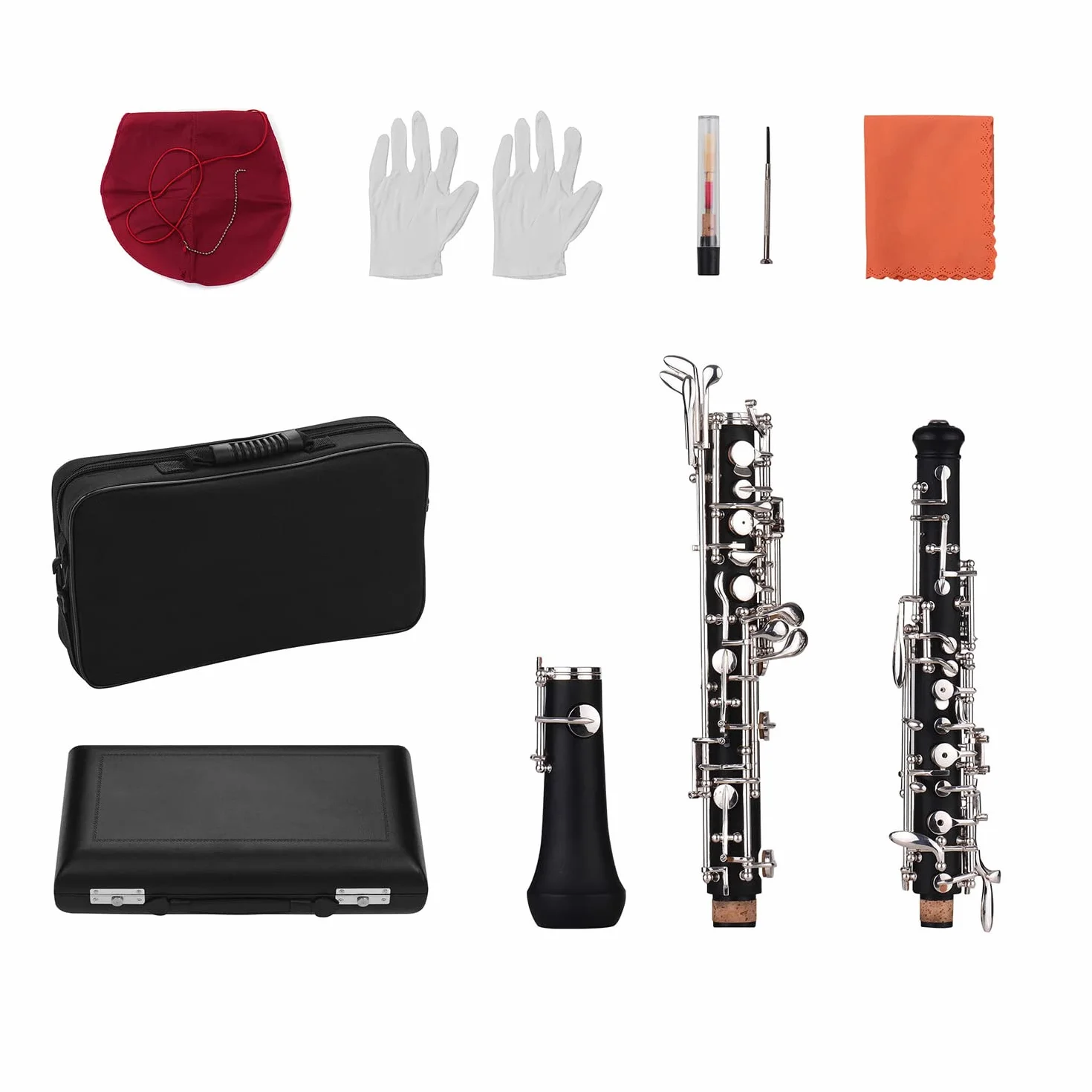oboe,Llave de Oboe C profesional Estilo semiautomático Llaves plateadas Instrumento de viento de madera con guantes de caña de oboe Estuche de cuero Bolsa de transporte Paño de limpieza M