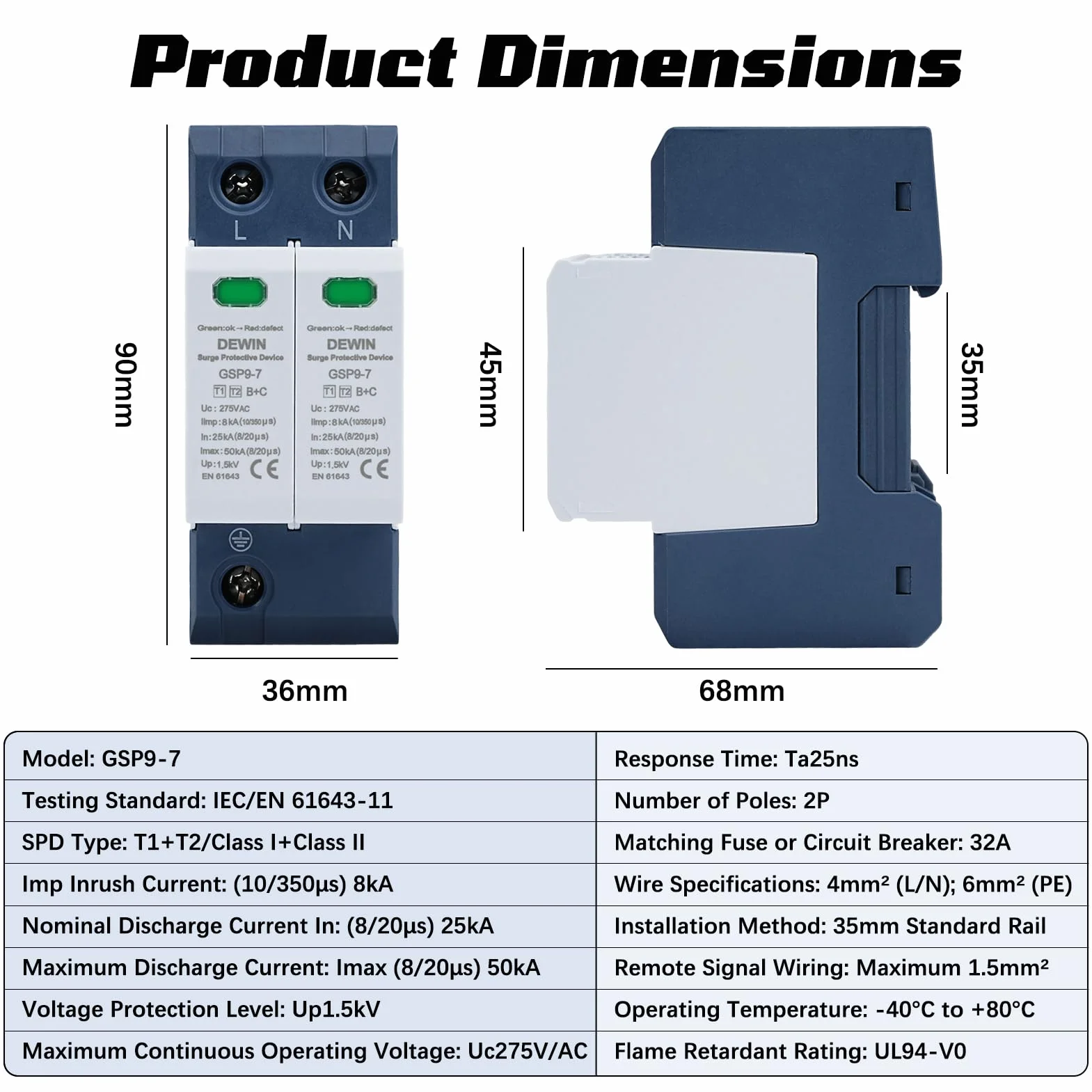 DEWIN Protector Sobretensiones 2P 40KA 275VAC Dispositivo de Protección contra Sobretensiones, Proteccion Sobretensiones Permanentes y Transitorias Protector Sobretension (T1+T2)