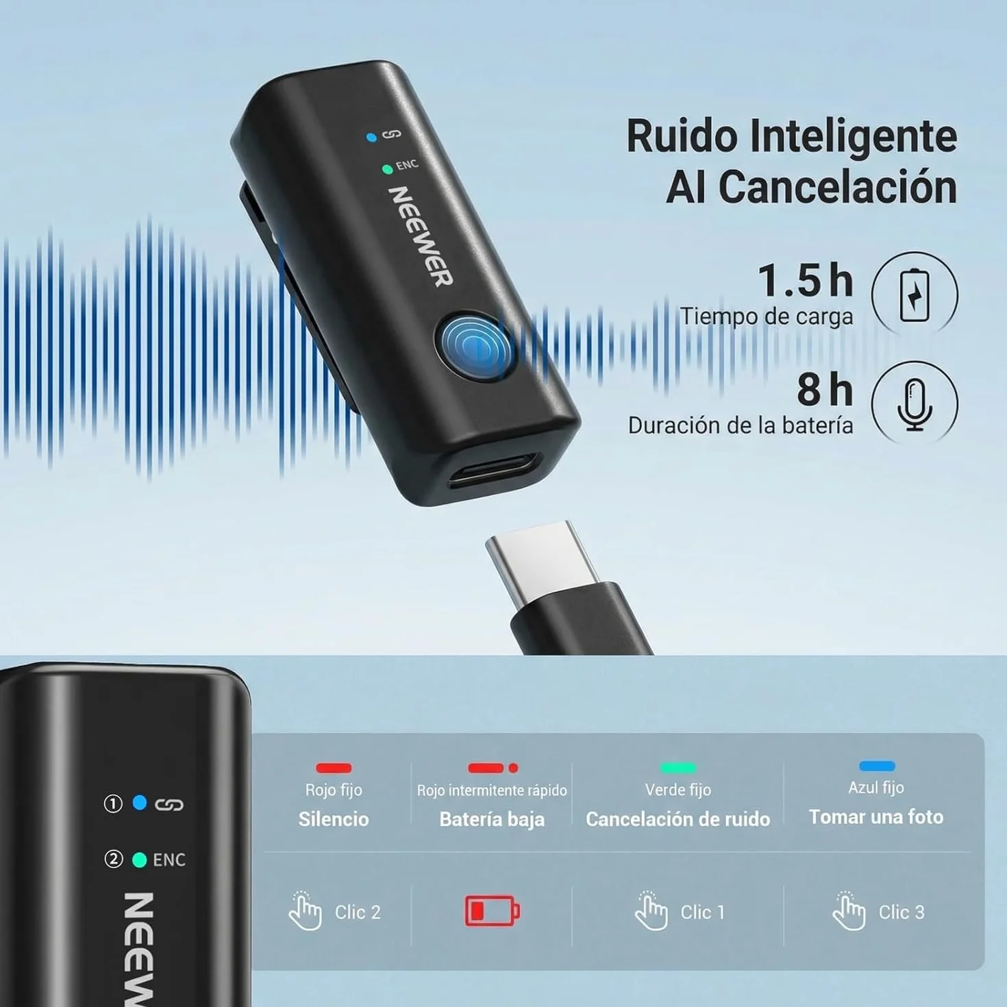 NEEWER KM23C Micrófono Solapa Inalámbrico Compatible con iPhone Android Tablet PC Laptop, Omnidireccional 48K/24Bit 20-20KHZ AI Cancelación Ruido Silenciador 70m Alcance 32h Batería (1x RX + 4X TX)