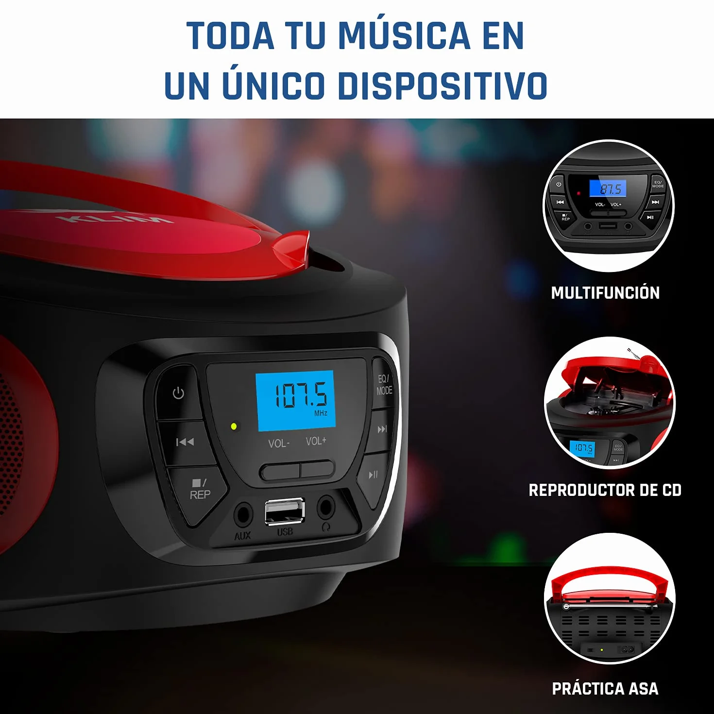 KLIM Boombox Radio CD Portátil Bluetooth MP3 USB AUX FM Reproductor Pilas Recargables Rojo