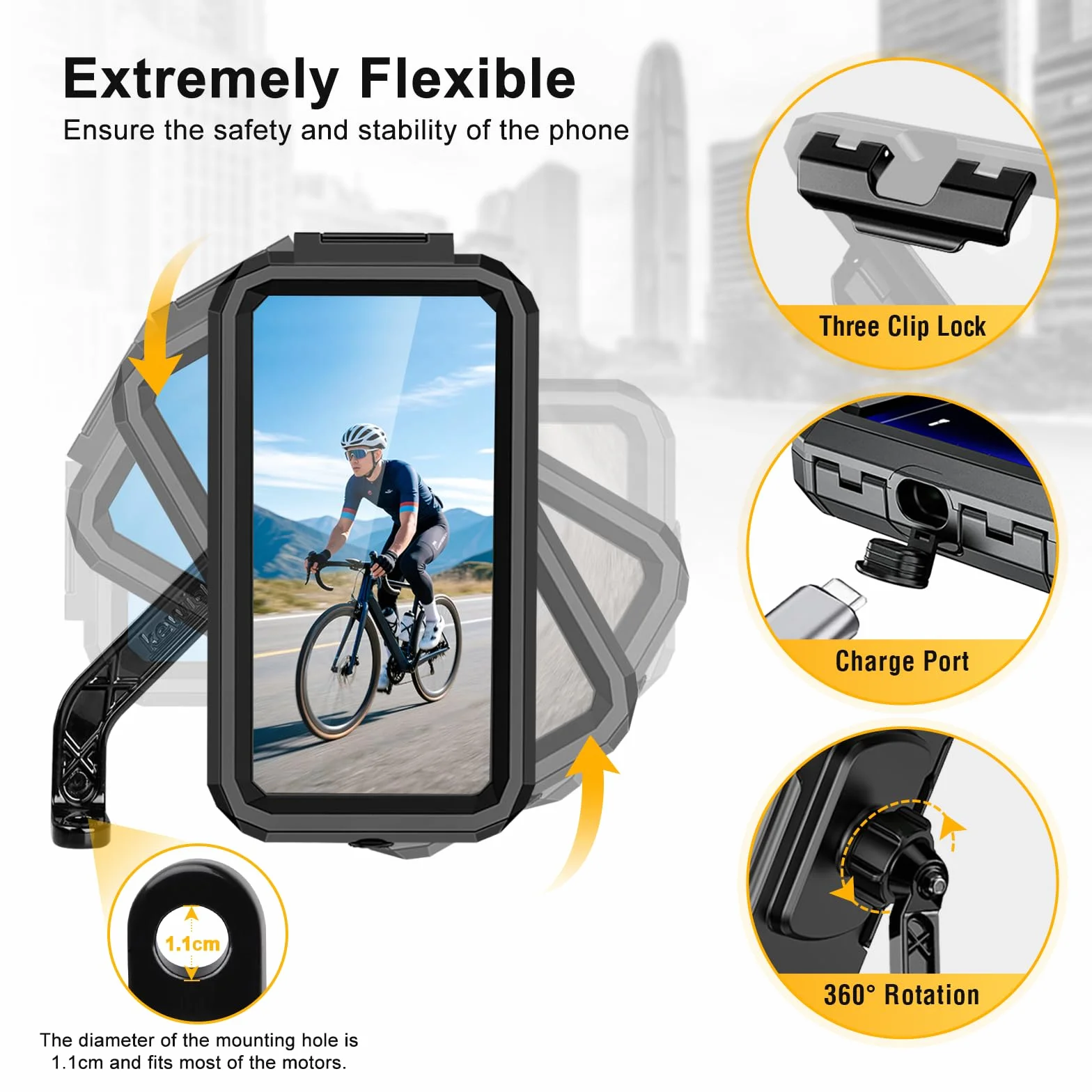 Soporte Móvil Moto Impermeable 360° Rotación para Smartphone Motocicleta Negro L