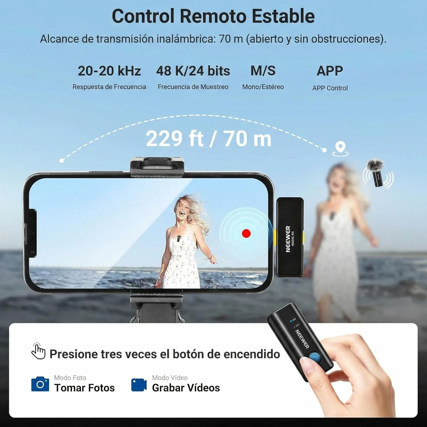 NEEWER KM23C Micrófono Solapa Inalámbrico Compatible con iPhone Android Tablet PC Laptop, Omnidireccional 48K/24Bit 20-20KHZ AI Cancelación Ruido Silenciador 70m Alcance 32h Batería (1x RX + 4X TX)