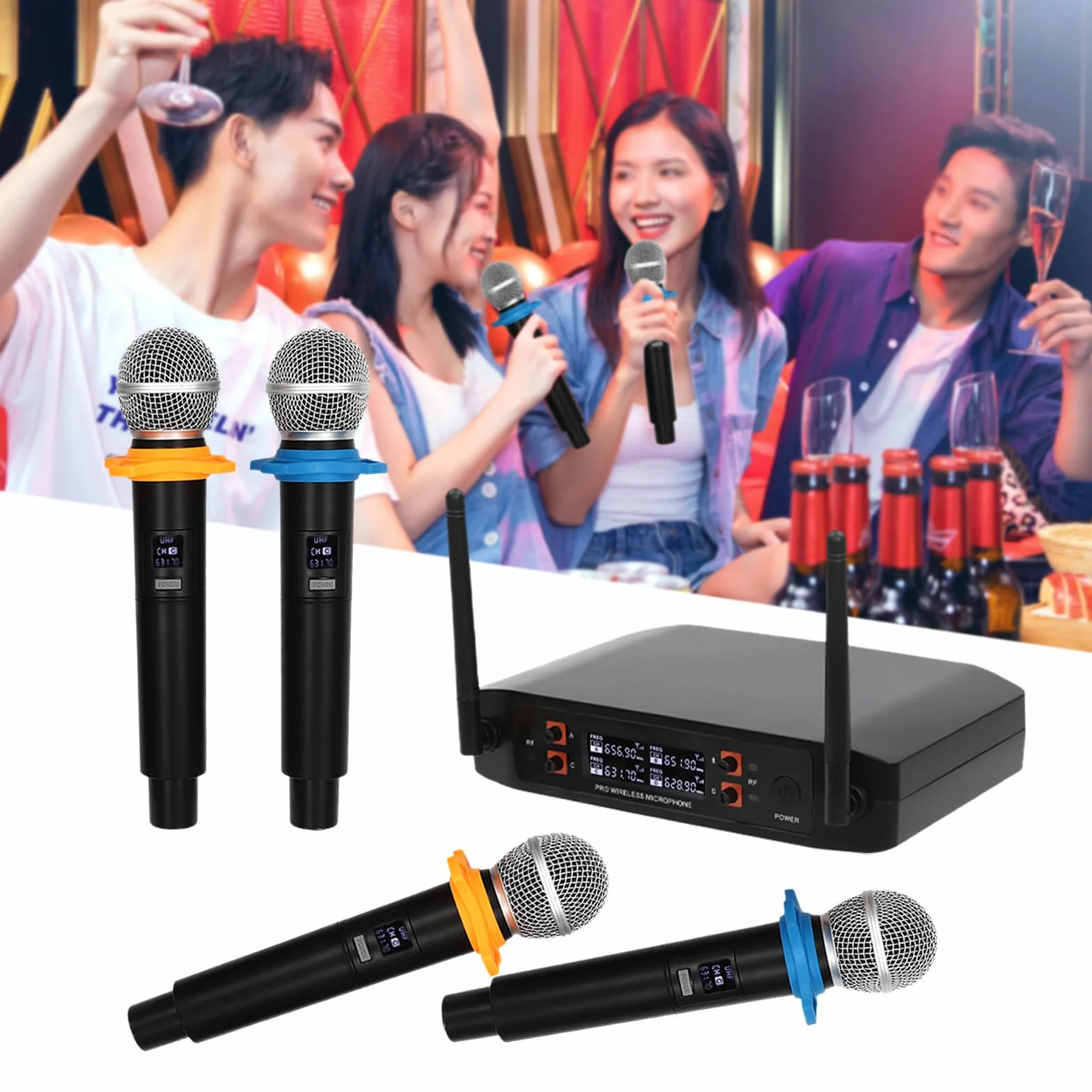 Set de micrófono inalámbrico de 4 Canales con micrófono, Receptor de Metal, para Karaoke, Fiesta, Iglesia, DJ, Boda, Clase, micrófono inalámbrico