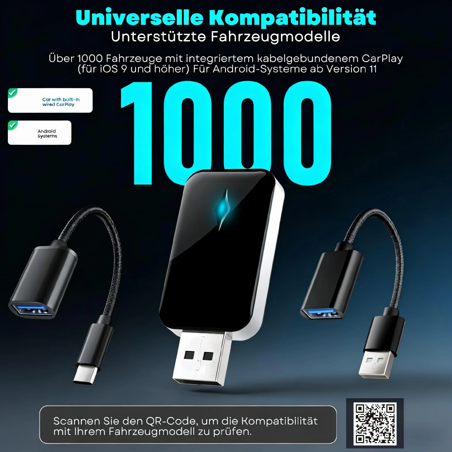 Adaptador inalámbrico para CarPlay, Adaptador Android Auto Inalámbrico de Conexión por Cable a Inalámbrica, Conectar y Usar, Mini y Estable, Compatible con iOS 9+ y Coches con CarPlay por Cable
