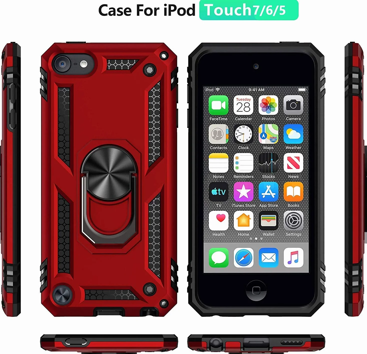 ULAK Funda iPod Touch 7, iPod Touch 5/6 [Grado Militar] Soporte Carcasa con 2 películas Protectoras Híbrido Cubierta de la Suave Resistente a Rayones Caso para iPod Touch 5/6/7 - Rojo
