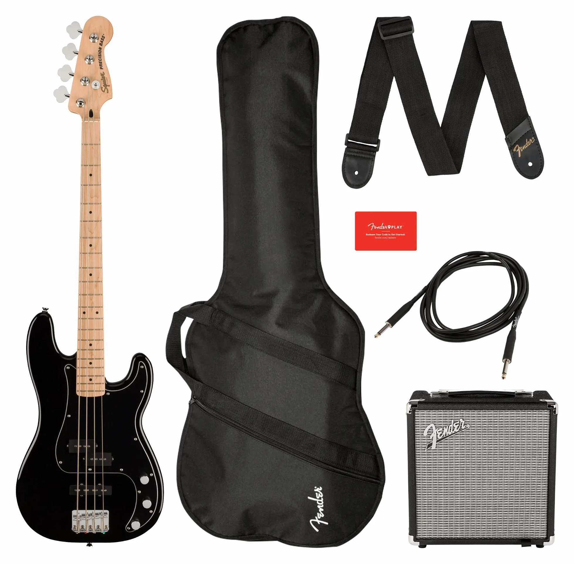 Squier by Fender Affinity Precision Bass Pack, diapasón de arce, negro, bolsa de trabajo, Rumble 15 EU