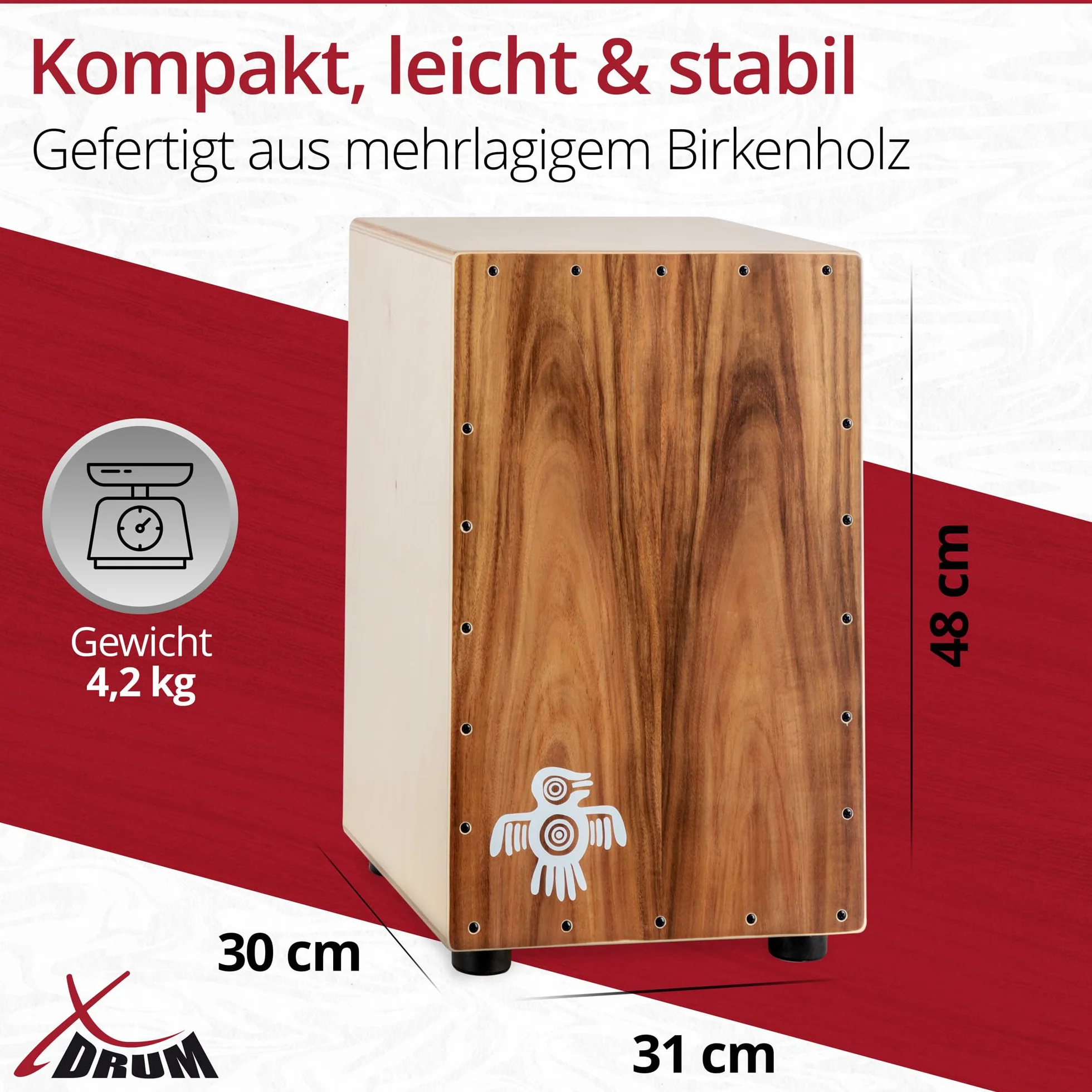 XDrum Cajon Peruana Koa (placa de golpeo de 3 mm, cuerpo de abedul de 9 mm, 48 cm de alto, incluye bolsa mochila)