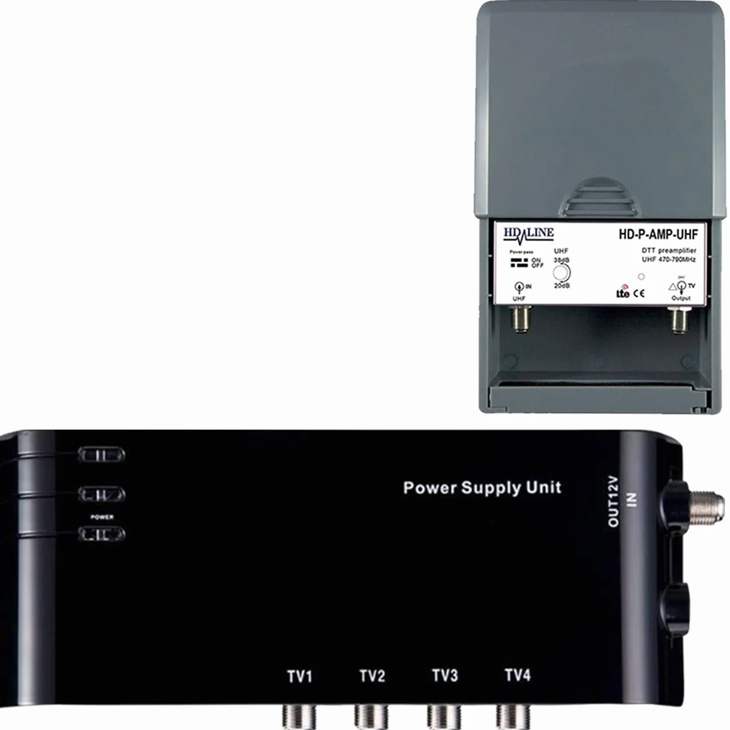 LEYF Amplificador + Alimentación 4 Salidas TV para antena terrestre TNT/preamplificador HDTV Ampli para TNT HD Señal