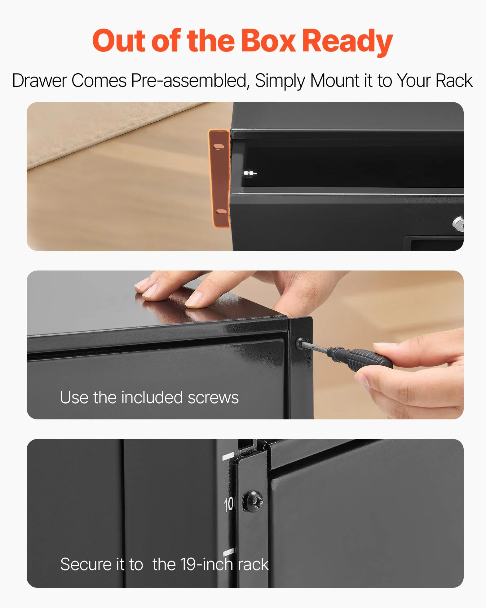 VEVOR Cajón para Montaje en Rack de 3U, Carga de 22,68 kg, Cajón Deslizante con Cerradura y Orificios para Gestión de Cables, para Rack o Gabinete de AV para Servidores de Equipos de Red de 48,26 cm