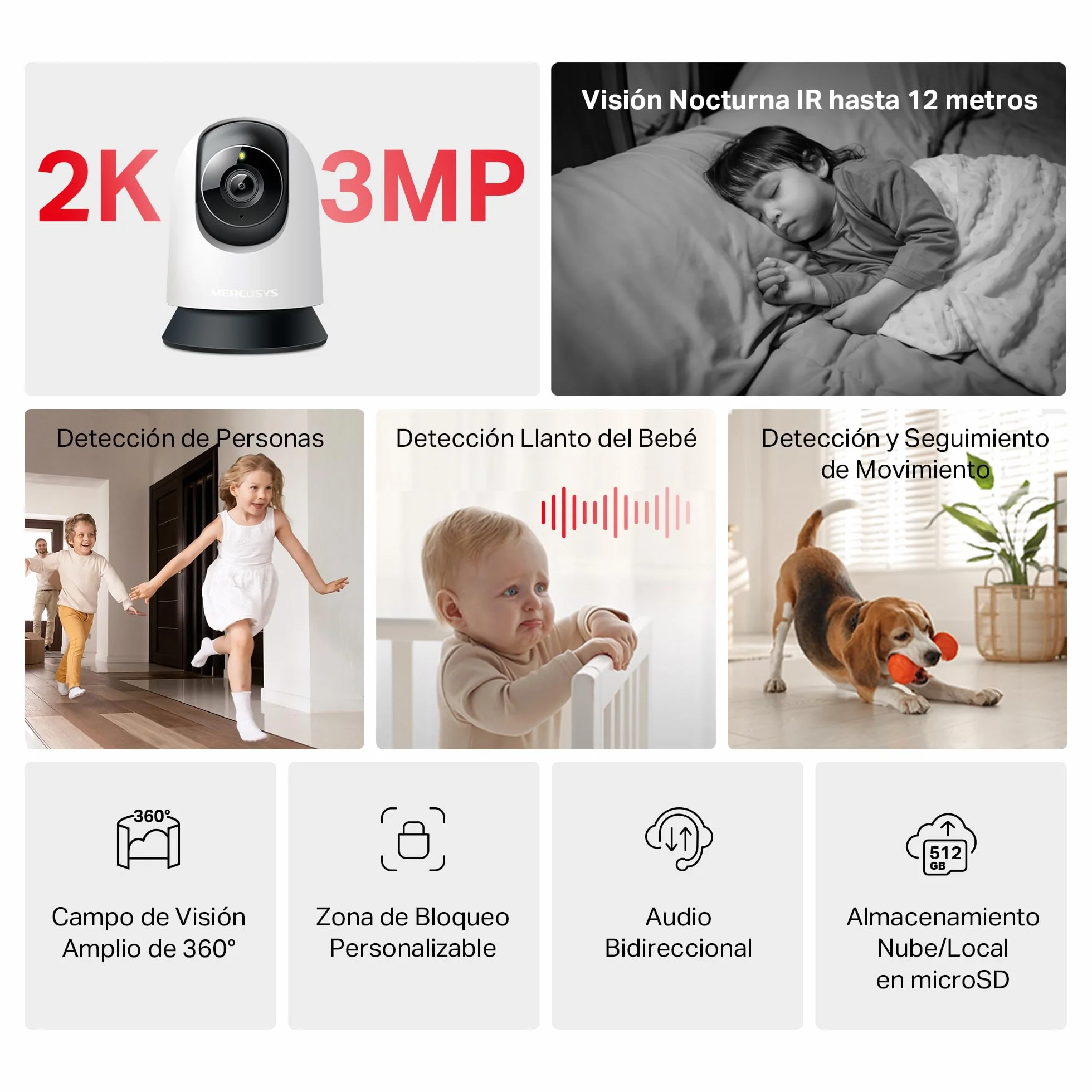 MERCUSYS MC210 - Cámara Interna Wi-Fi 2K 3MP 360°, visión Nocturna, Audio bidireccional, detección de Movimiento/notificaciones/Alarma, Zona privacidad, soporta microSD hasta 512