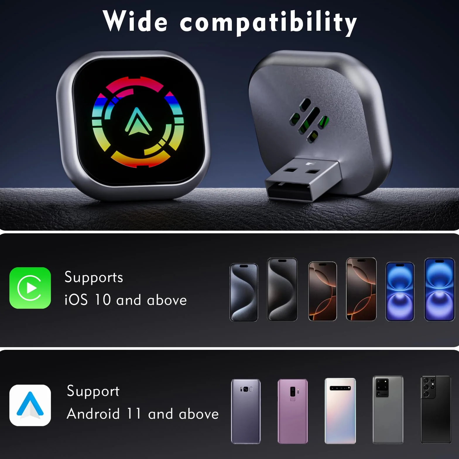 2 en 1 Adaptador CarPlay Inalámbrico y Adaptador Android Auto Inalámbrico, Convierte con Cable a inalámbrico, Mini y Estable, Plug & Play Compatible con iOS 10+/Android 11+(Coches 2016+)