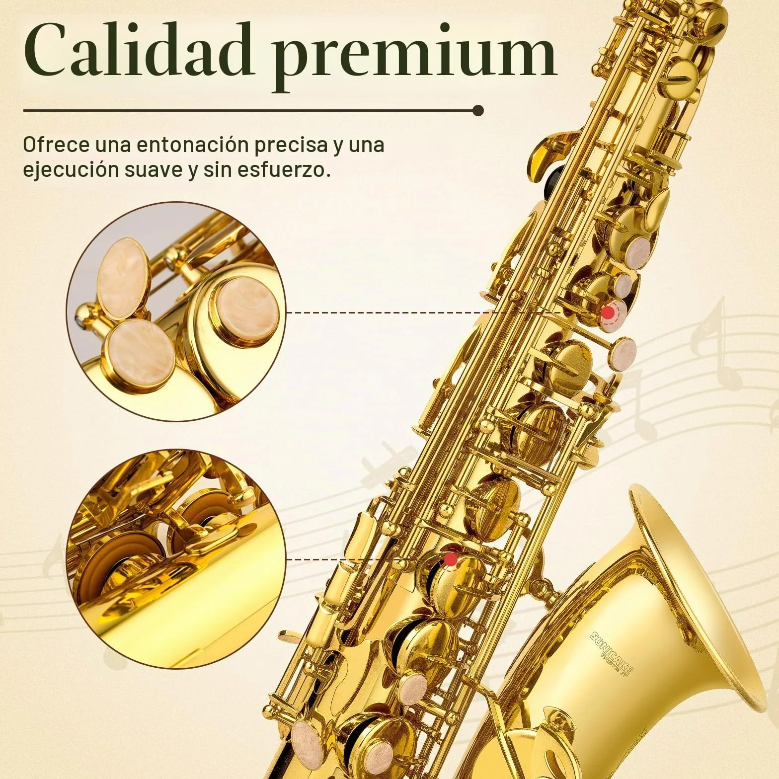 SONICAKE Saxofón Alto Mi bemol Barnizado en Oro, Kit completo para principiantes con estuche, boquilla, cañas, soporte y accesorios QSX-01