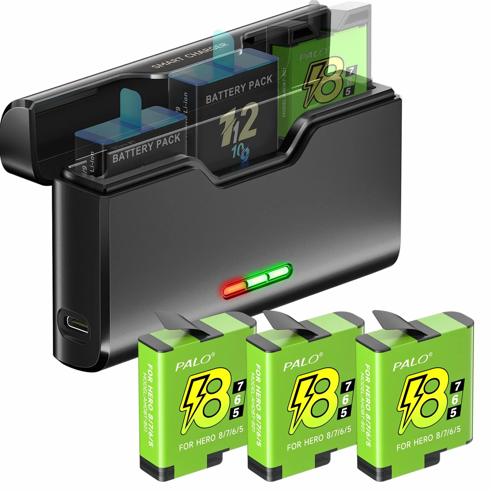 3 baterías Hero 8/7/6/5 con Cargador para Go-Pro Hero 12/11/10/9/8/7/9/5, Cargador de batería de 3 Canales con Accesorios de batería, Carga rápida, Adecuado para Baja Temperatura