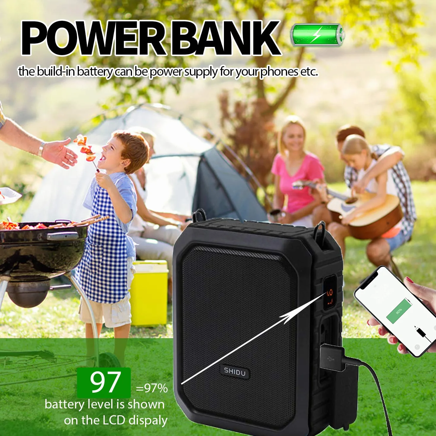 SHIDU 18W Amplificador de voz inalámbrico Sistema PA impermeable con micrófono inalámbrico UHF Altavoz Bluetooth para aula al aire libre Guía turístico