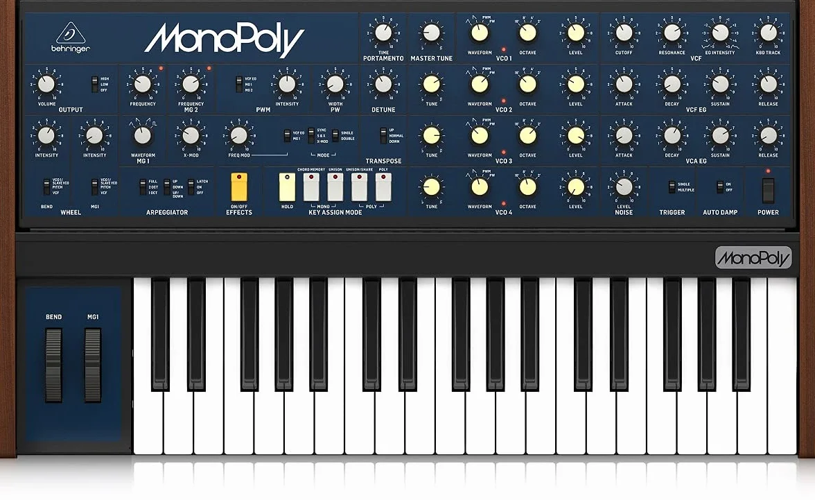 Behringer MONOPOLY Sintetizador polifónico analógico de 4 voces con 37 teclas de tamaño completo, 4 VCO, VCF, 2 LFO, 2 envolventes, sincronización y modulación cruzada y arpegiador