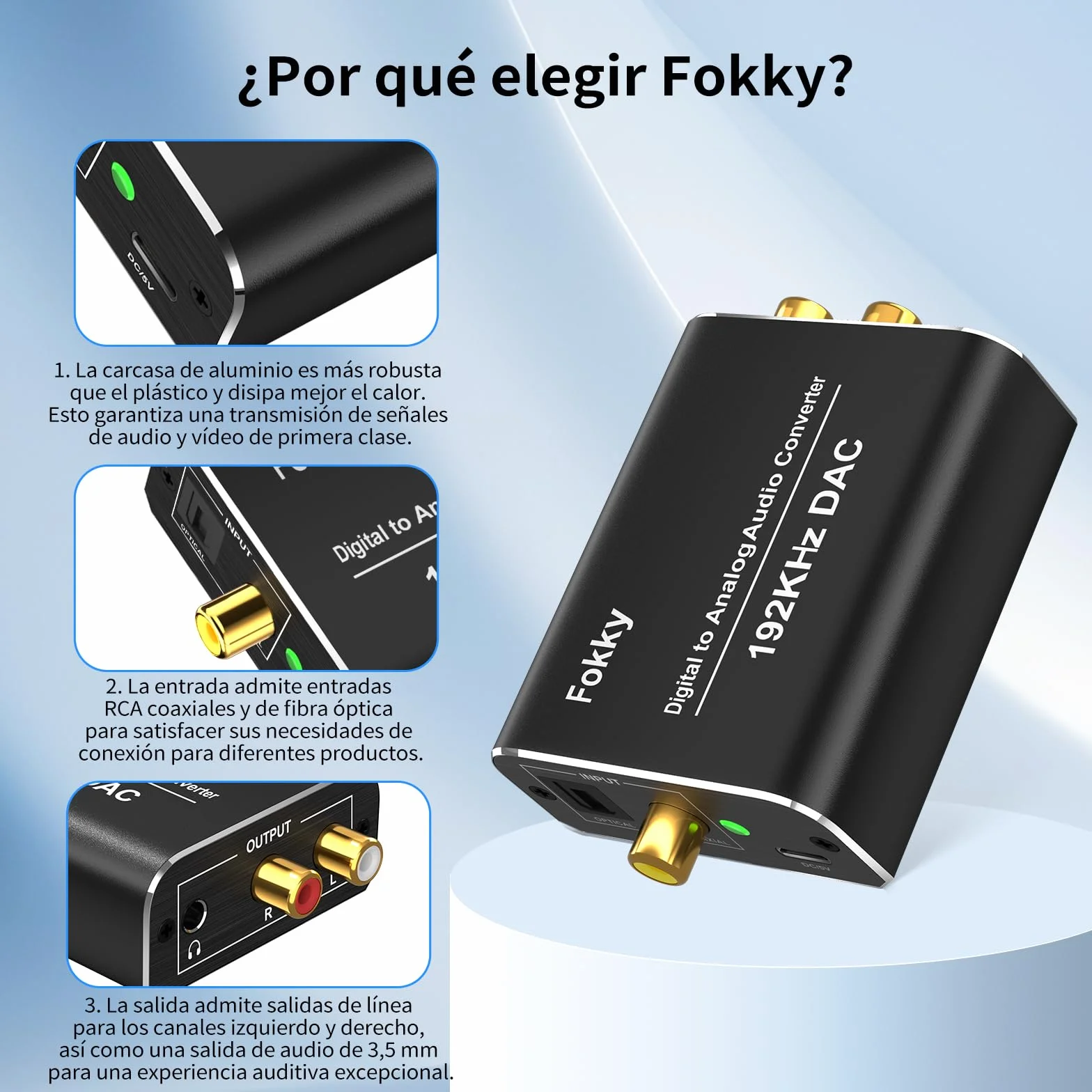 Fokky 192kHz DAC Convertidor Digital a Analógico Óptico Coaxial Toslink Estéreo L/R Jack 3.5mm