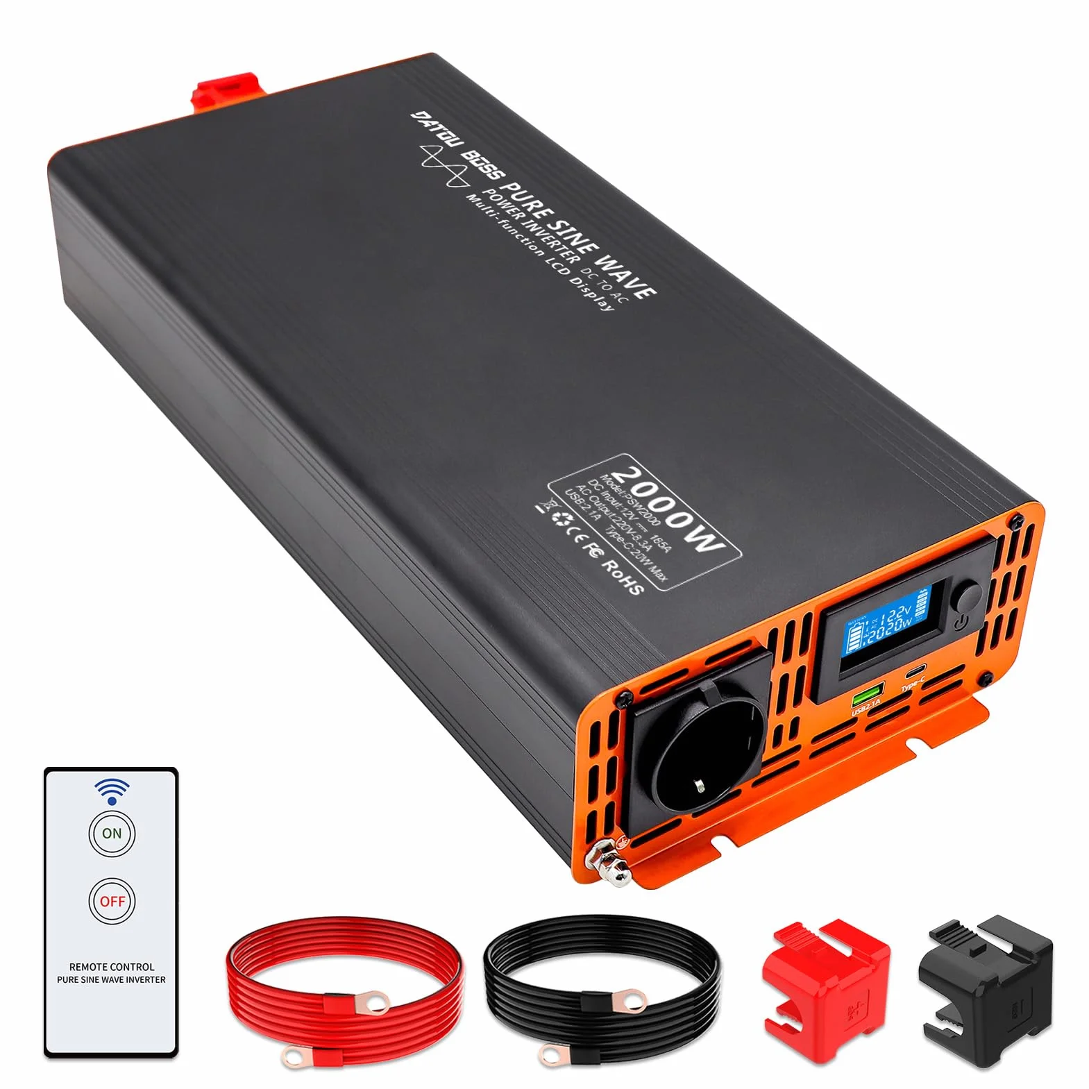 DATOUBOSS Inversor 12v 220v/230v Onda Pura 2000w/4000w, Inversor 12v 220v 2000w Onda Pura con Pantalla LCD on 1 Toma de AC & 1 Puertos Type-c & 1 Puertos USB para El RV, Camión