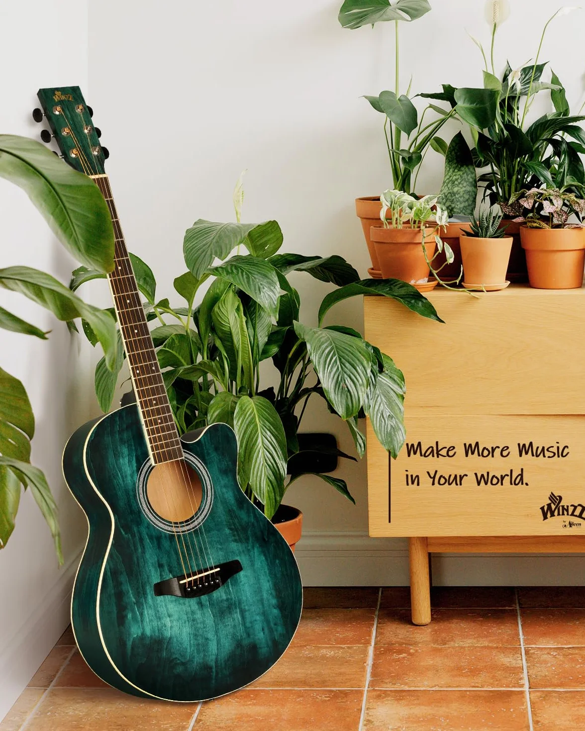 Winzz 40 Pulgadas Guitarra Acústica con Cuerdas de Acero para Principiantes Adultos y Estudiantes, Elegante Diseño de Color Único (Azul-Verde)