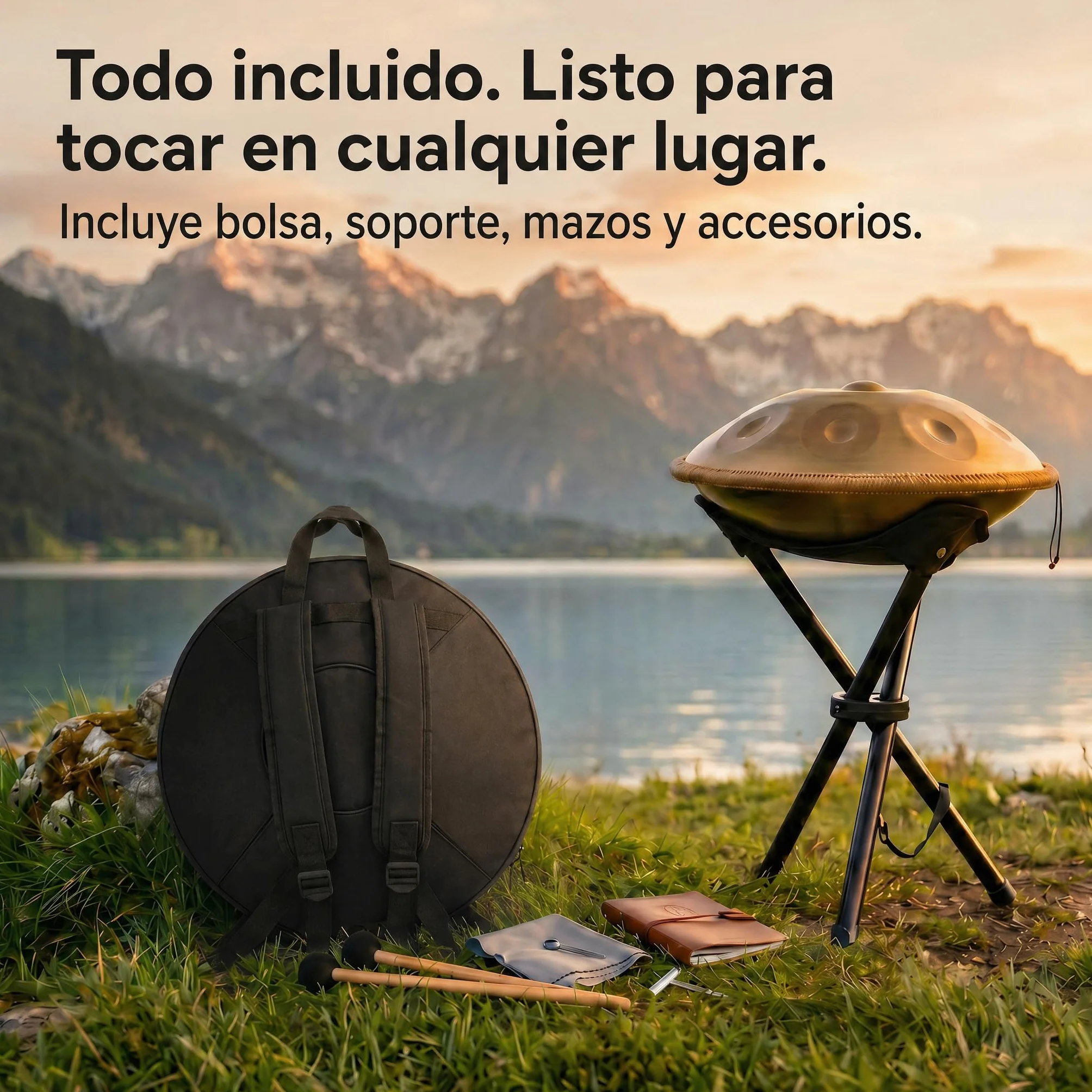 Handpan 22 pulgadas 9 Notas D-Kurd 440 Hz oro tambor set para meditación yoga sanación sonido acero aleación incluye funda, soporte, baqueta, paño de limpieza, pegatinas para partituras