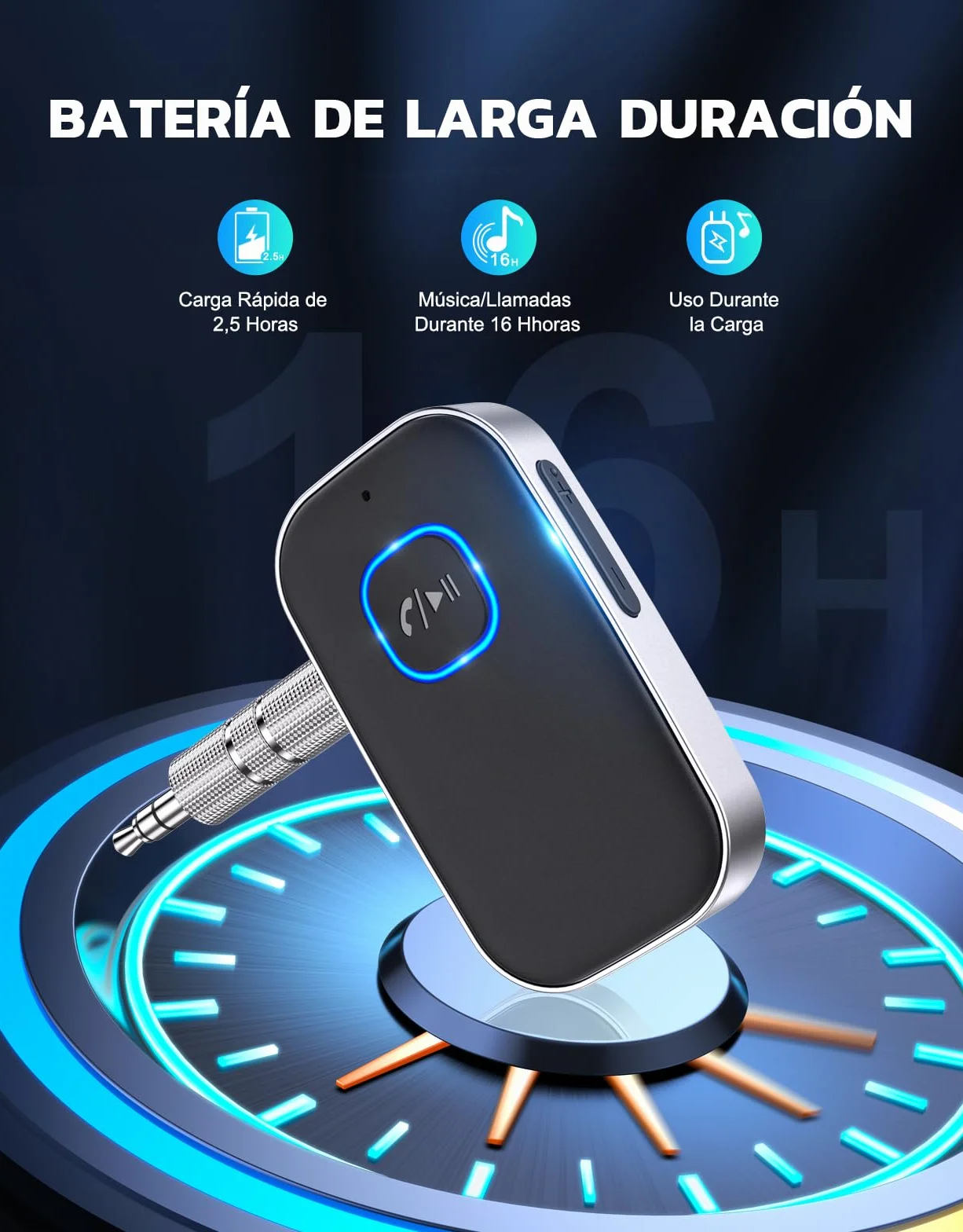Bluetooth 5.3 Receptor Audio Coche Jack 3.5mm Adaptador 16Hrs Dual Conexión HiFi Manos Libres