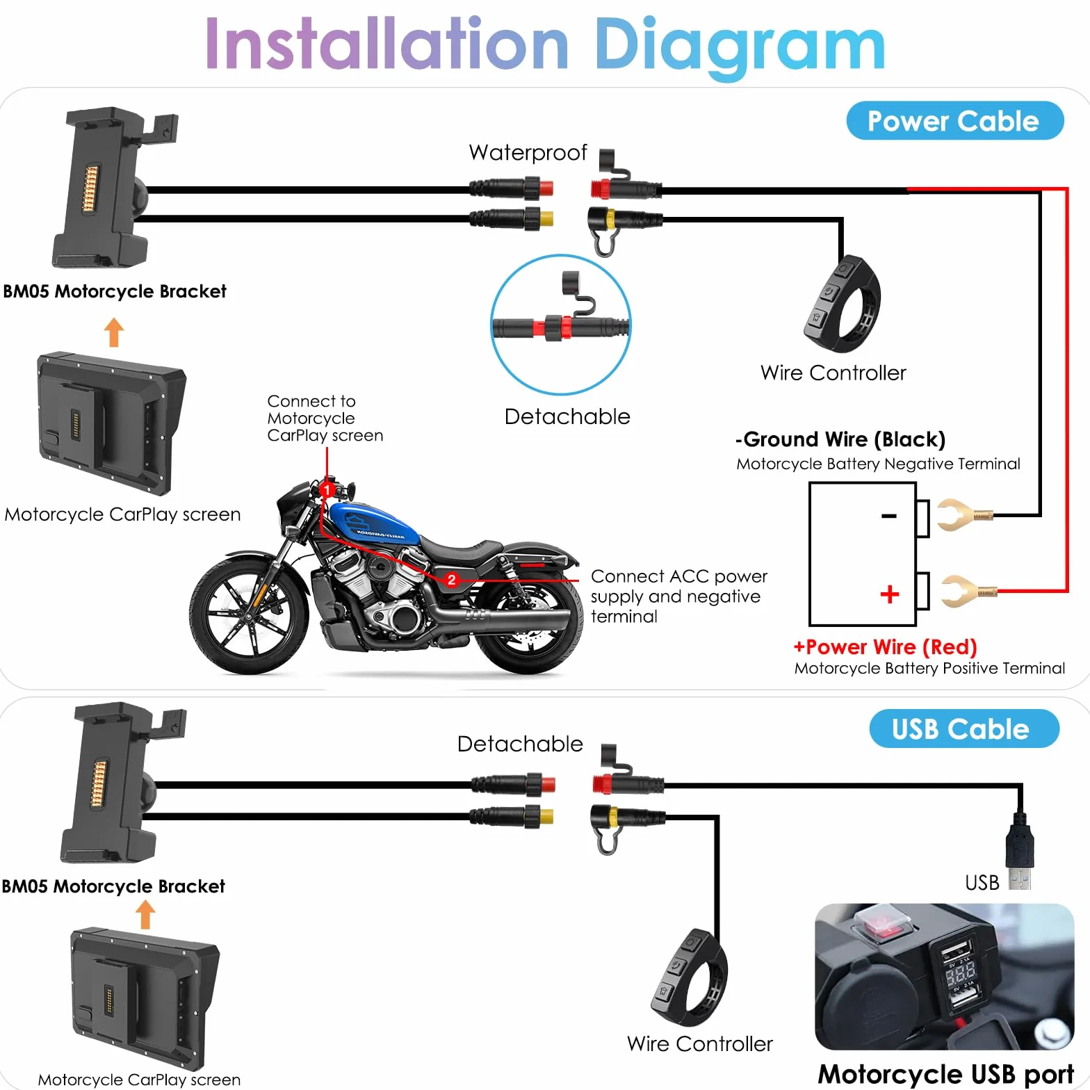 CARPURIDE W702S Motocicleta CarPlay Pantalla con BM05 Soporte para Conectar y Usar, Inalámbrico CarPlay y Android Auto, 7" Impermeable Táctilpantalla, Bluetooth Trans, Control con Cable, Navegación.