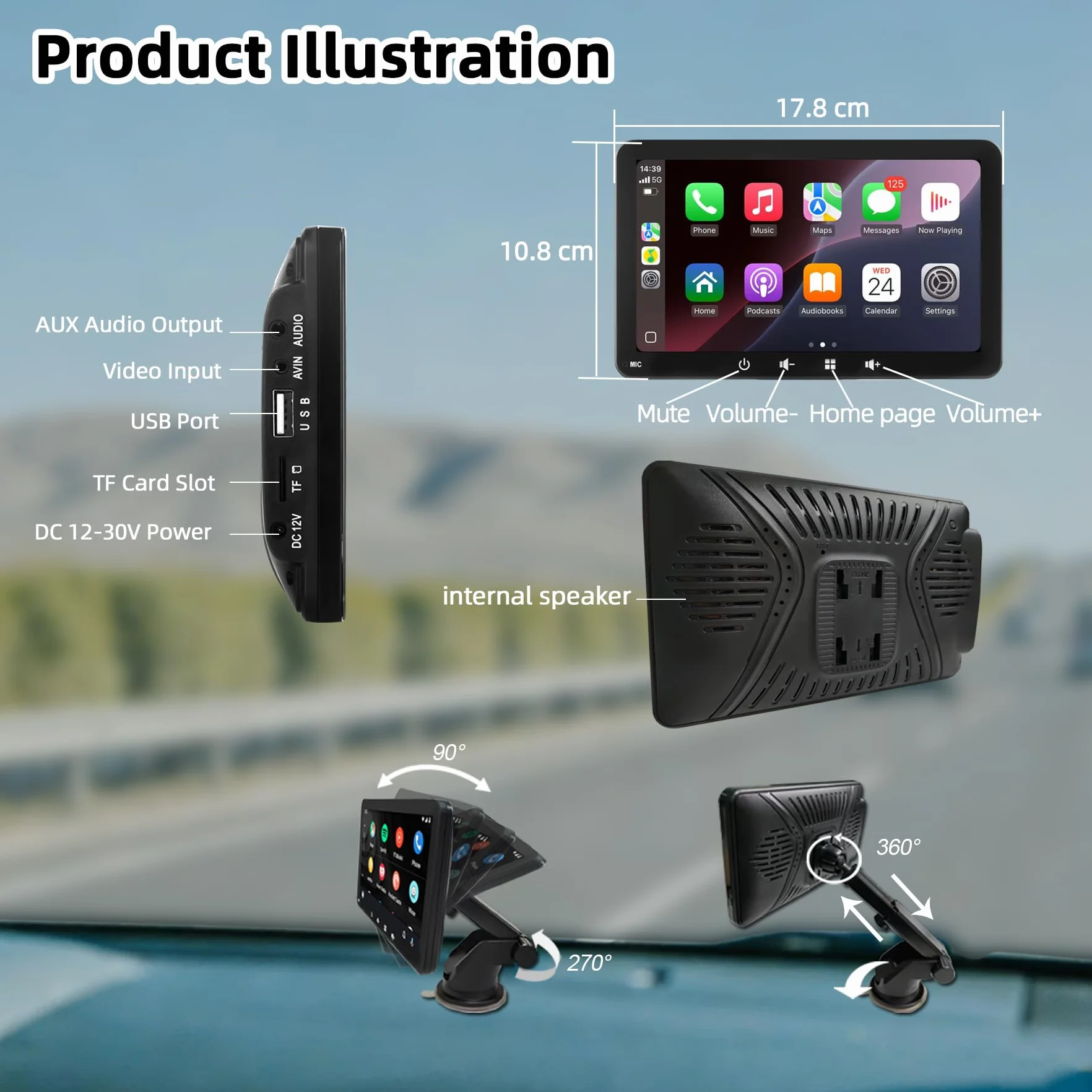 Pantalla Coche 7" con Carplay y Android Auto Inalámbrico - Radio Portatil con Pantalla Tactil | FM Transmisor, AUX, USB | Cámara Trasera | Plug & Play para la Mayoría de Coches (7 Pulgadas + cámara)
