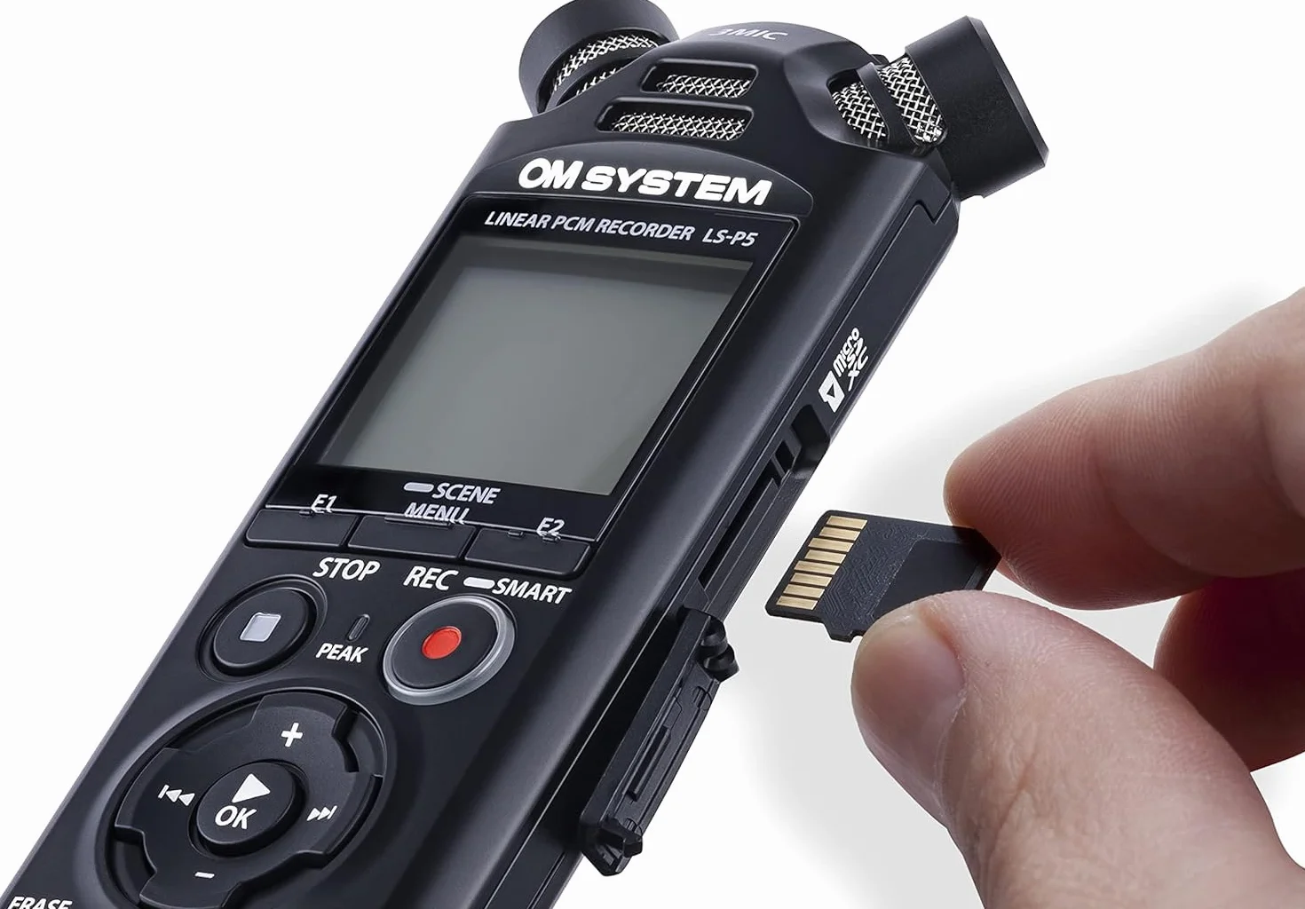 OM System LS-P5 Grabadora de Audio Hi-Res – Sistema TRESMIC II de 3 Micrófonos, Bluetooth, 16GB, 37h de Autonomía, Grabaciones Profesionales, Control Smartphone, USB, PCM/FLAC/MP3