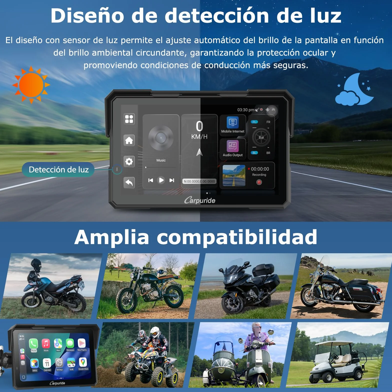 Carpuride W702 Plus Motocicleta Carplay Pantalla con Doble Cámara 7" Pantalla Táctil Impermeable CarPlay Android Auto Inalámbricos